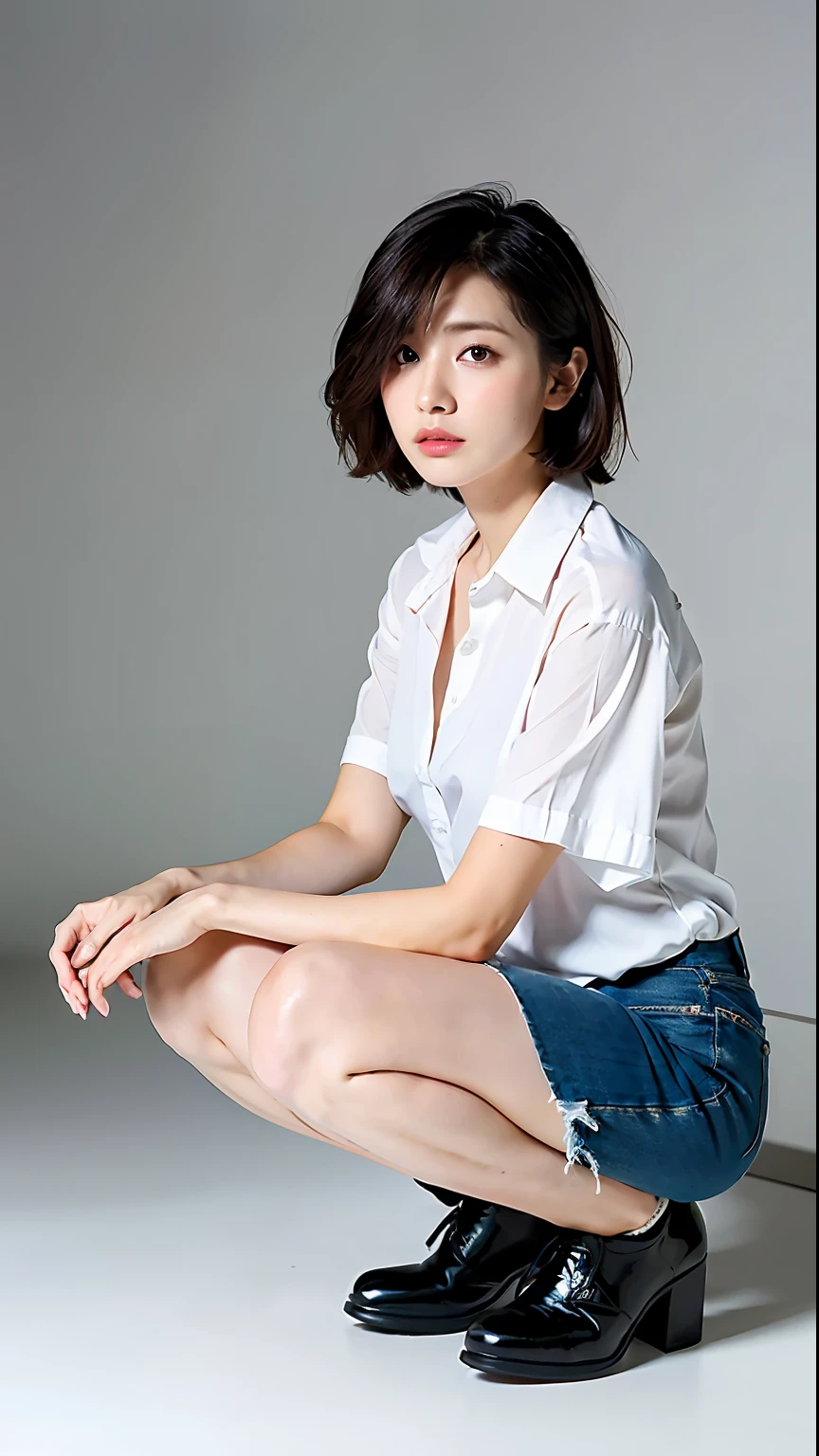 (Best quality, 8k, 32k, Masterpiece, UHD:1.2),Photo of Pretty Japanese woman, short hair,squatting,white open shirt, simple background,