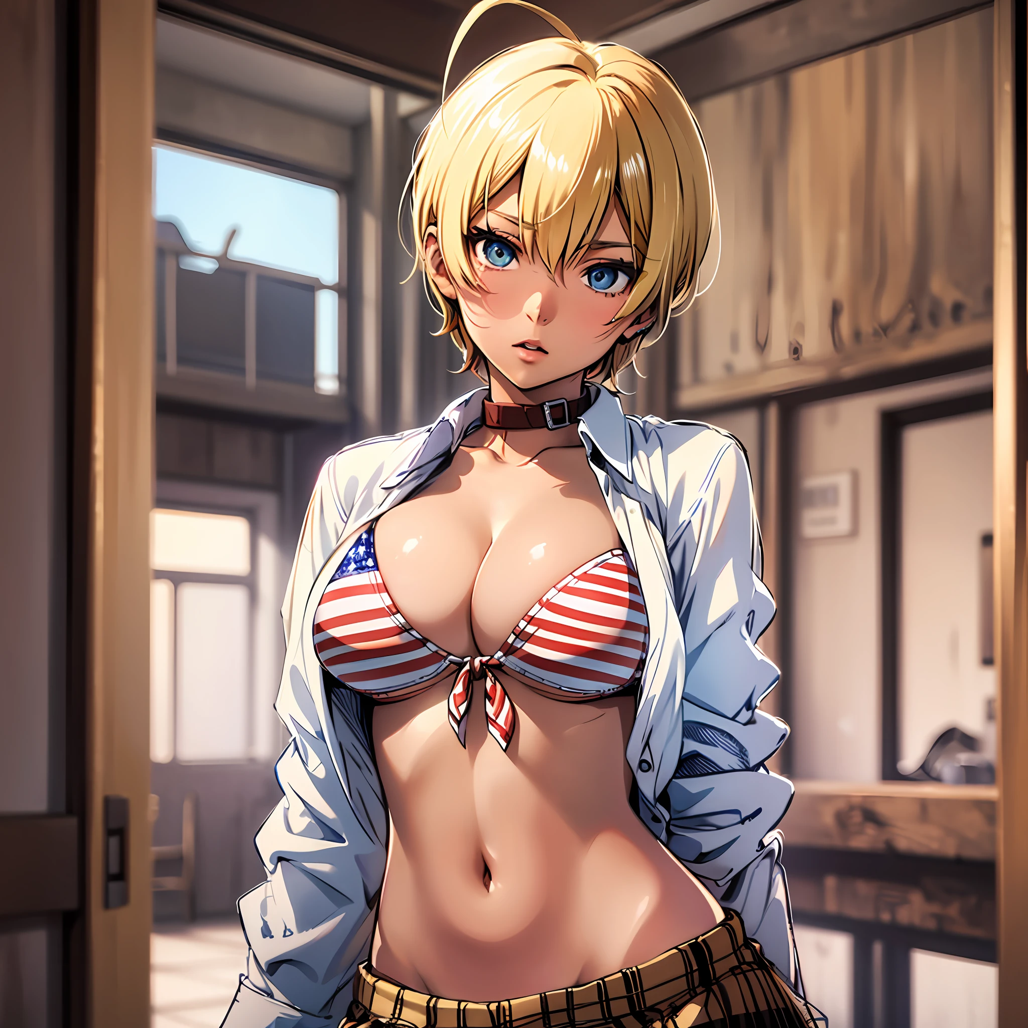 ​masterpiece、top-quality、Hi-Res、mi1、Brown skin、blonde  hair、Ahoge、verd s eyes、American flag bikini、plaid skirts、collars、bikini top only、Shirt with tie、Cowboy Shots、(1girl in、Colossal tits、cleavage of the breast、shinny skin、 short)、blur backgroun