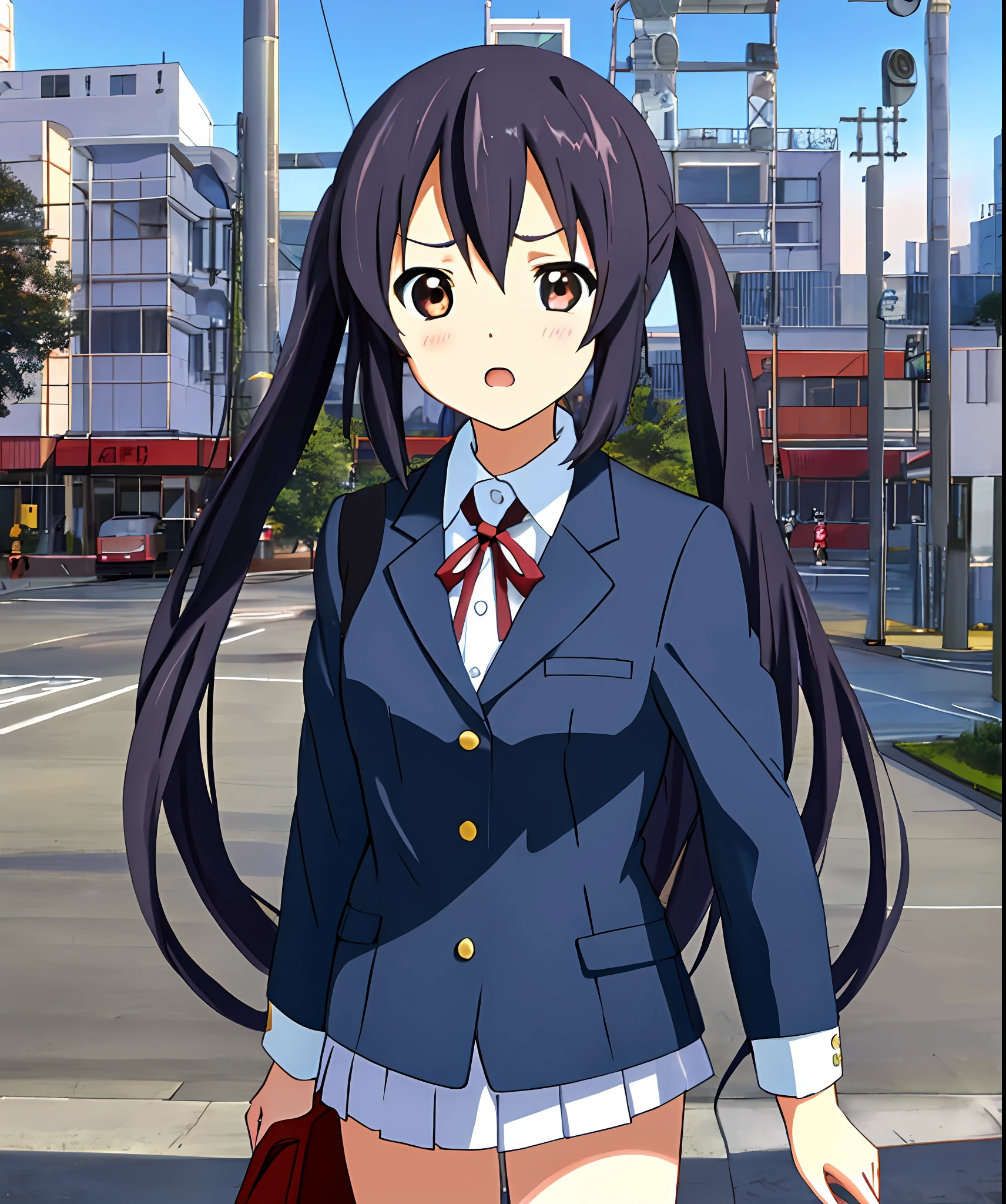 1girl in, (((​masterpiece))), top-quality, top-quality, high details, nakano azusa, 1girl in, Sakuragaoka High School Uniform,student clothes, Twin-tailed, length hair, A dark-haired, Brown-eyed, 独奏, reddish, Dark blue blazer with thin red ribbon, Solid white buttoned shirt under blazer, illustratio, comic strip, Soothing tones, Subdued Color, Soft cinematic light, adobe lightroom, Photolab, nffsw, intricately and hyper-detailed、(((depth of fields))))。(((​masterpiece)))。(((top-quality))).)((ultra-detailliert)))。(((illustratio)))。(((takeout))).Dynamic Focus.Small breasts.(((Skyscrapers))).(((A city scape))).(((Face of sadness))). Open mouth.(((put hands on the hip))).(((up chest))).