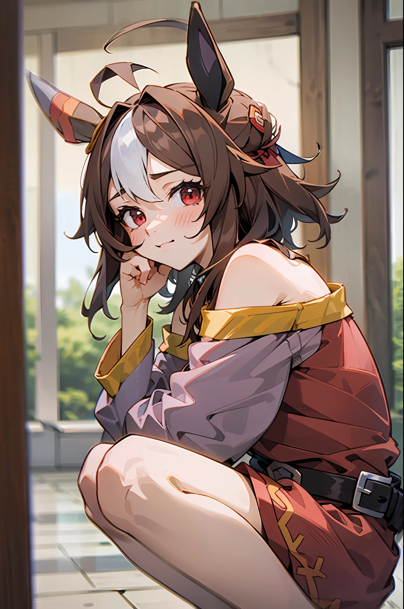 (Umamusume),​masterpiece,Perfectly clean face,Perfectly clean face,blush,鎖骨,bare shoulder,brown haired,Squatting,Open legs,(mgmoutfit),brown hair, bangs, red eyes, short hair, short hair with long longs, sidelocks,