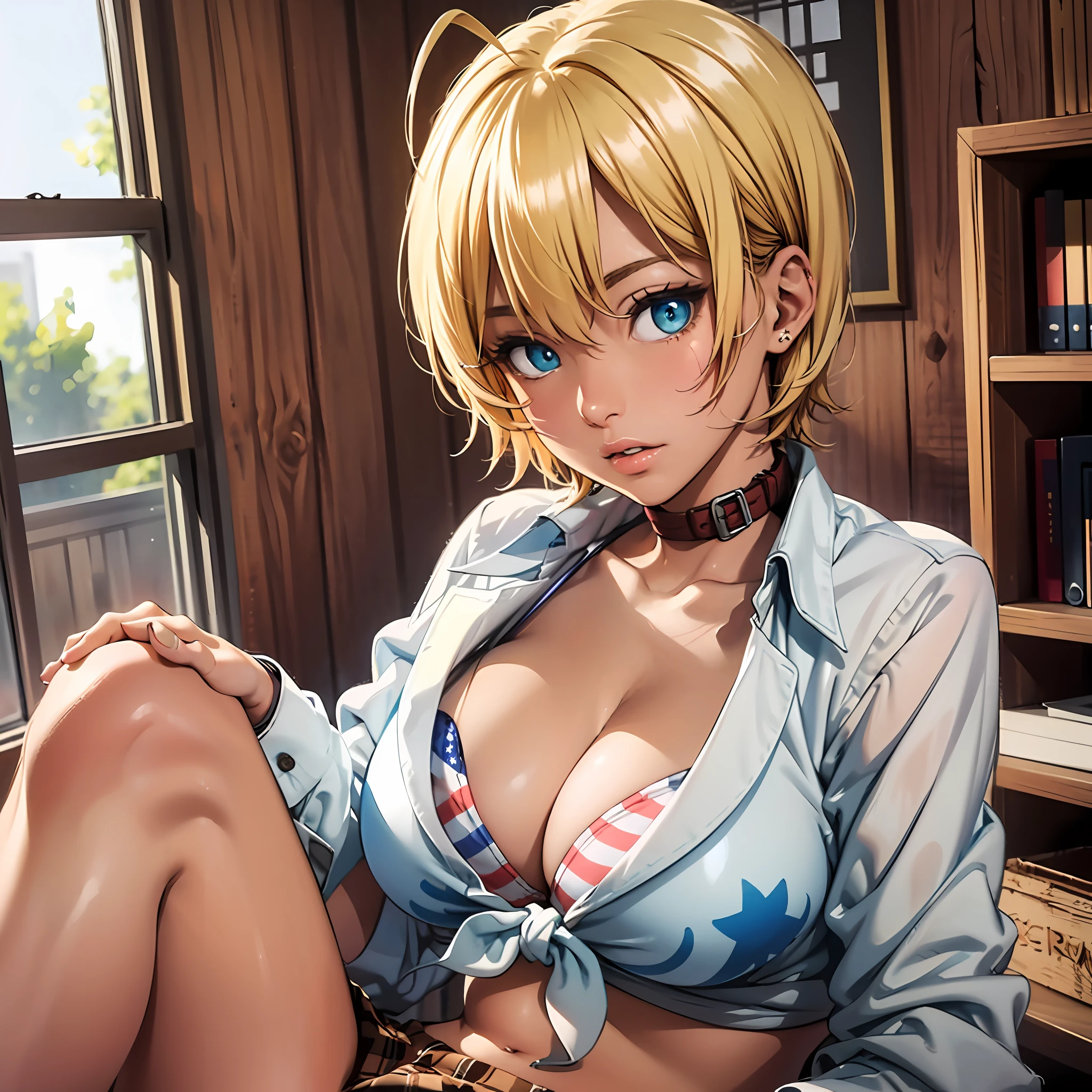 ​masterpiece、top-quality、Hi-Res、mi1、Brown skin、blonde  hair、Ahoge、verd s eyes、blue eyess、American flag bikini、plaid skirts、collars、bikini top only、Shirt with tie、Cowboy Shots、(1girl in、Colossal tits、cleavage of the breast、shinny skin)、
Face sitting
Waiting to start