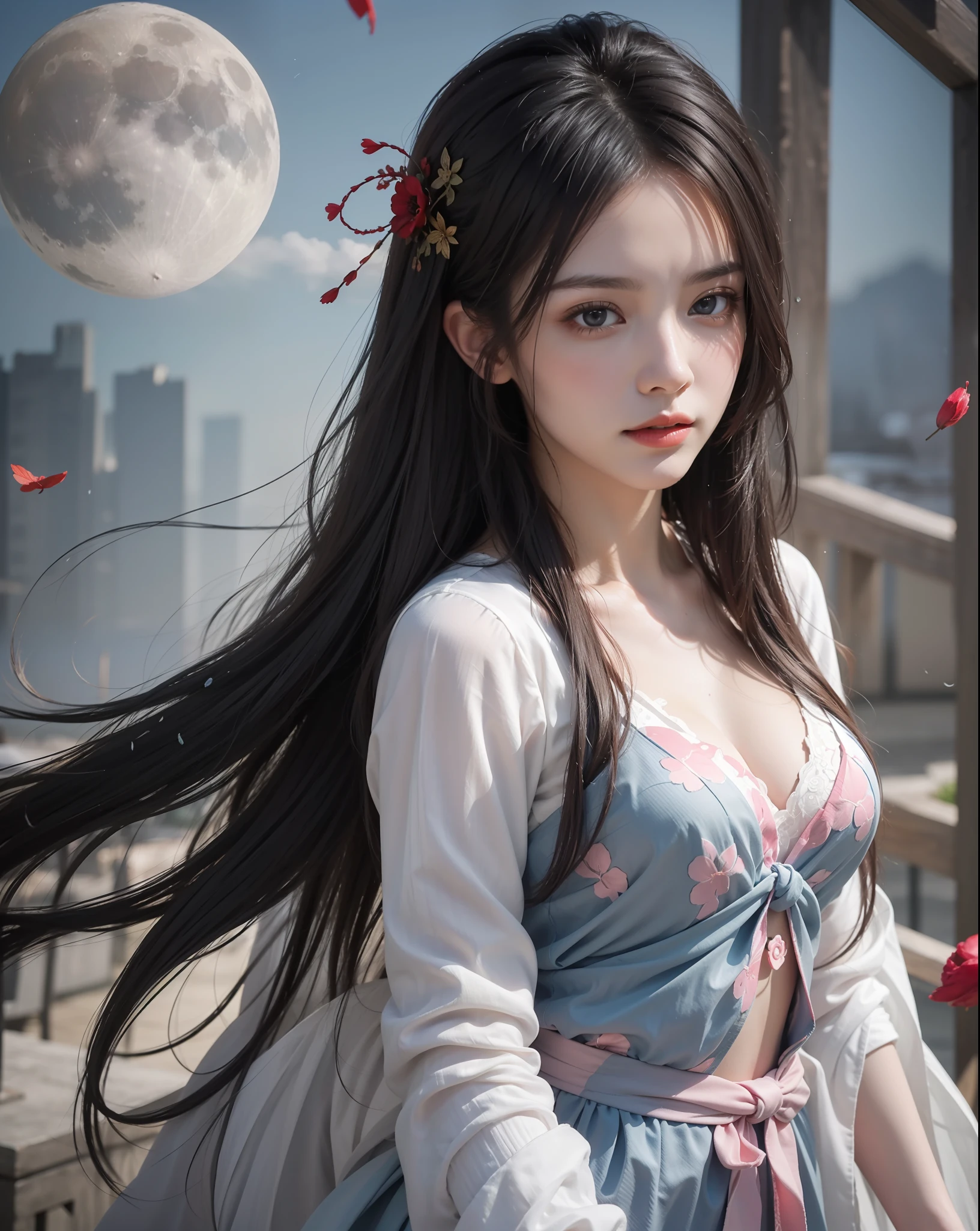 (8k, RAW photo:1.2),best quality, ultra high res,dramatic angle,(fluttered detailed color splashs), (illustration),(((1 girl))),(long hair),(rain:0.9),(hair ornament:1.4),there is an ancient palace beside the girl,chinese clothes,(focus on), color Ink wash painting,(color splashing),colorful splashing,(((colorful))),(sketch:0.8), Masterpiece,best quality, beautifully painted,highly detailed,(denoising:0.6),[splash ink],((ink refraction)), (beautiful detailed sky),moon,highly,detaild,(masterpiece, best quality, extremely detailed CG unity 8k wallpaper,masterpiece, best quality, ultra-detailed),(Lycoris radiata),