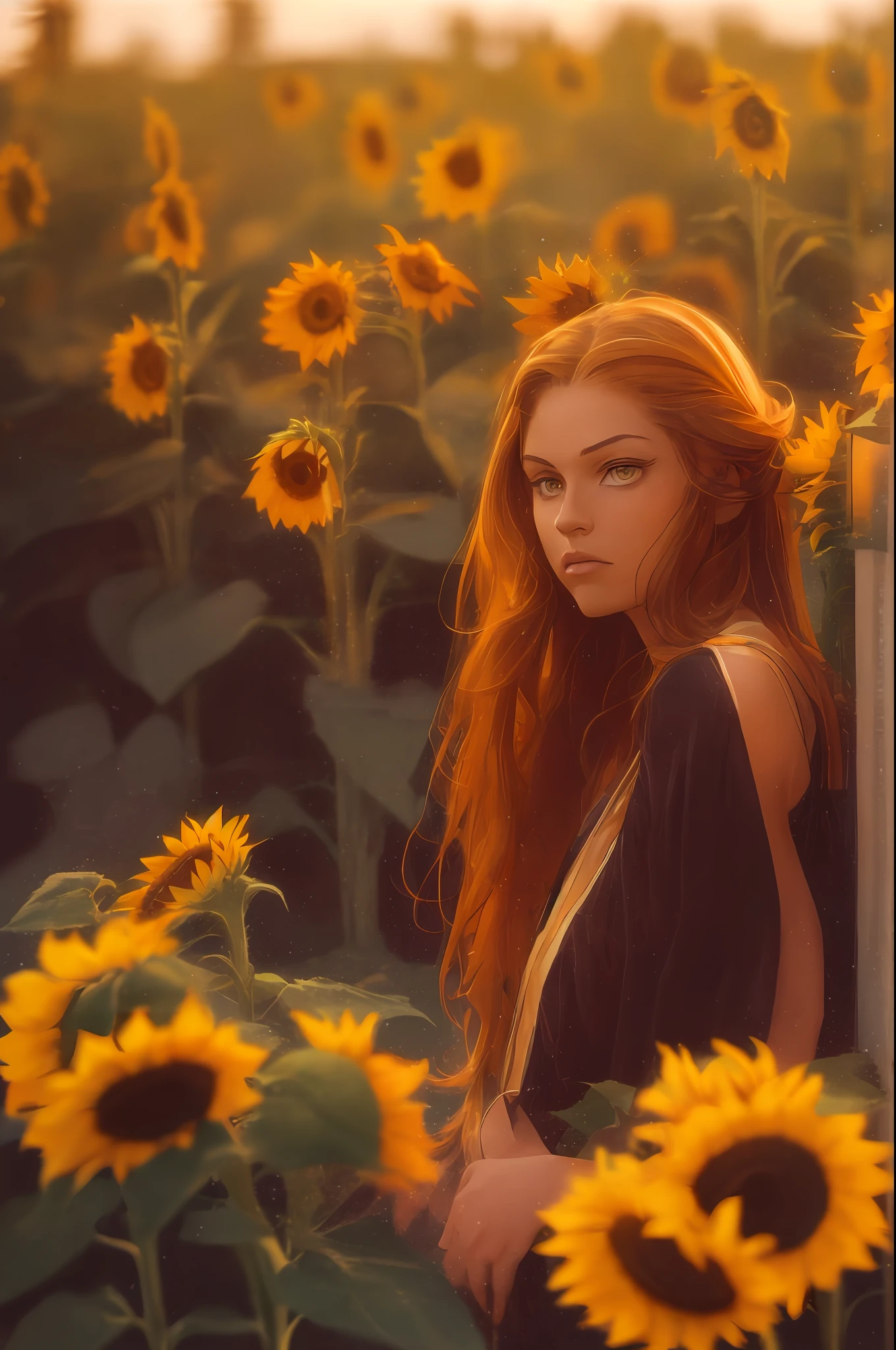 RAW, analog film, photography, zeiss otus 85mm f/1.4, film still, Fashion photography, a beautiful Scandinavian girl, adorable face, red long hair, no makeup, realistic skin texture, summer dress, (sunflowers:1.2), warm, low saturation, yellow, tonal color scheme, masterpiece, dramatic lighting