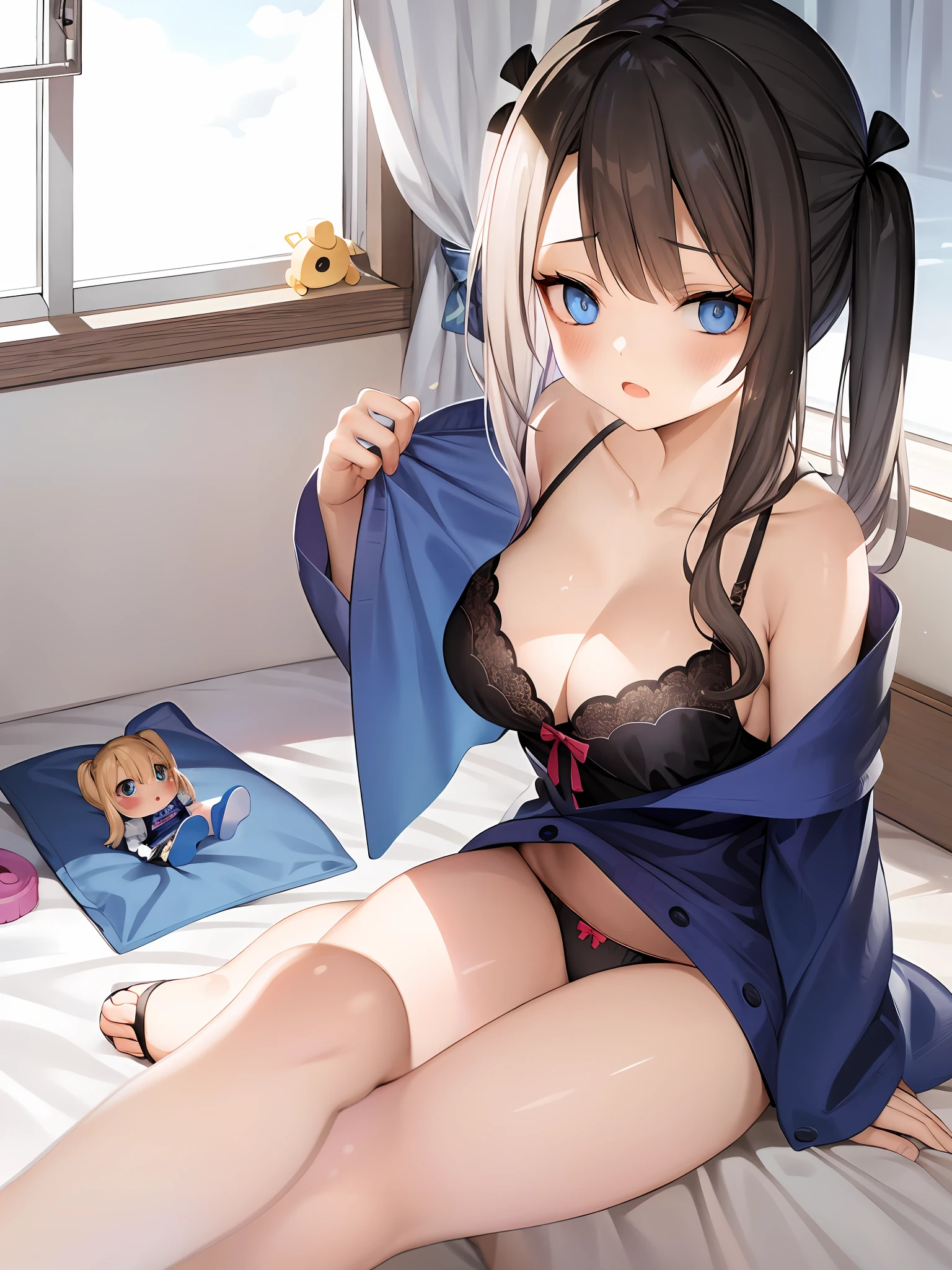 there is a female doll standing on a bed with some toys and clothes, 1girl, solo, ,  toy, , , sitting, looking at viewer, blue eyes, panties, blush, pillow, cleavage, open mouth, twintails, bow panties, indoors, collarbone, on bed, bangs