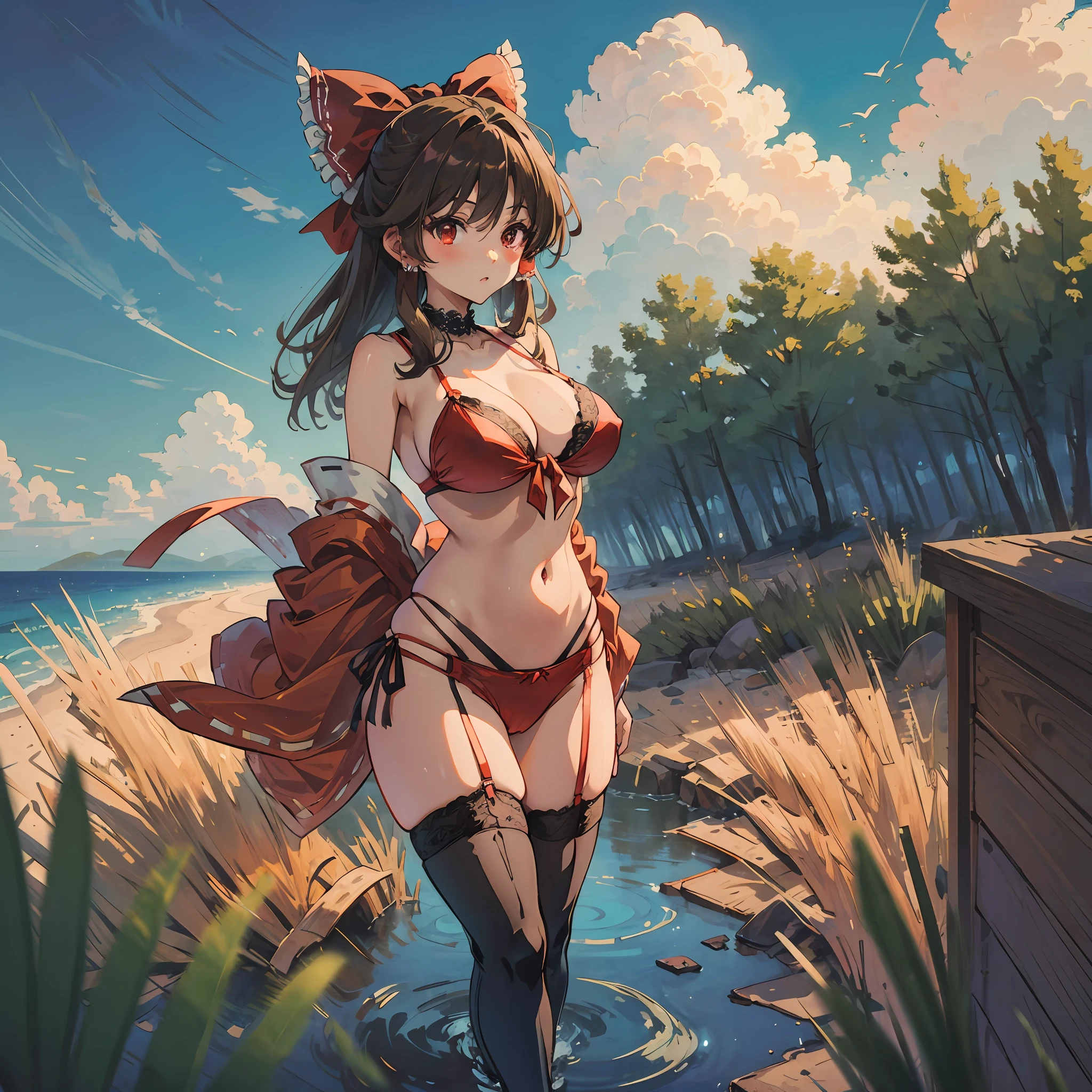 Anime with sexy girl in lingerie posing on the field, 1girl in, breasts, Solo, reimu hakurei, thighs thighs thighs thighs, Swimsuit, bikini of, Red Eyes, Large breasts, Navel, Hair Bow, Bow, Long hair, Red bow, black thighhighs, fronds, frilld, hair tubes, Outdoors, garter strap, Lace-trimmed legwear, Looking at Viewer, skyporn, cloud, Stomach, Ruffle bow, side-tie bikini bottom, Brown hair, Collar, Red bikini, day, Blue sky, Lace trim, Black Bikini, cleavage, Cowboy Shot, Closed mouth --auto