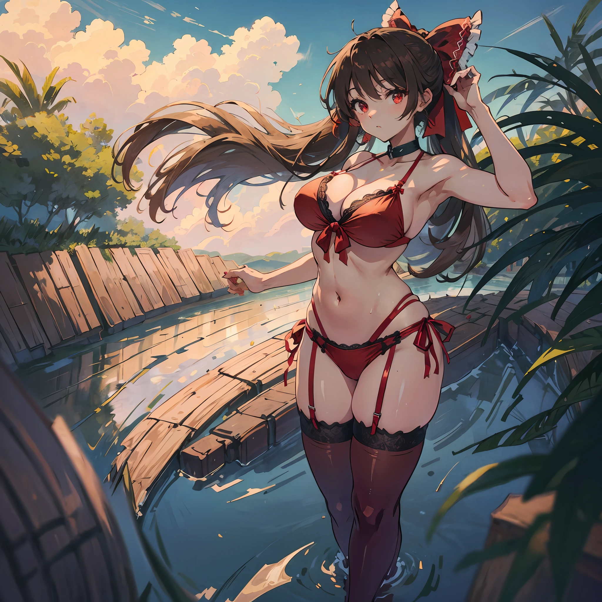 Anime with sexy girl in lingerie posing on the field, 1girl in, breasts, Solo, reimu hakurei, thighs thighs thighs thighs, Swimsuit, bikini of, Red Eyes, Large breasts, Navel, Hair Bow, Bow, Long hair, Red bow, black thighhighs, fronds, frilld, hair tubes, Outdoors, garter strap, Lace-trimmed legwear, Looking at Viewer, skyporn, cloud, Stomach, Ruffle bow, side-tie bikini bottom, Brown hair, Collar, Red bikini, day, Blue sky, Lace trim, Black Bikini, cleavage, Cowboy Shot, Closed mouth --auto