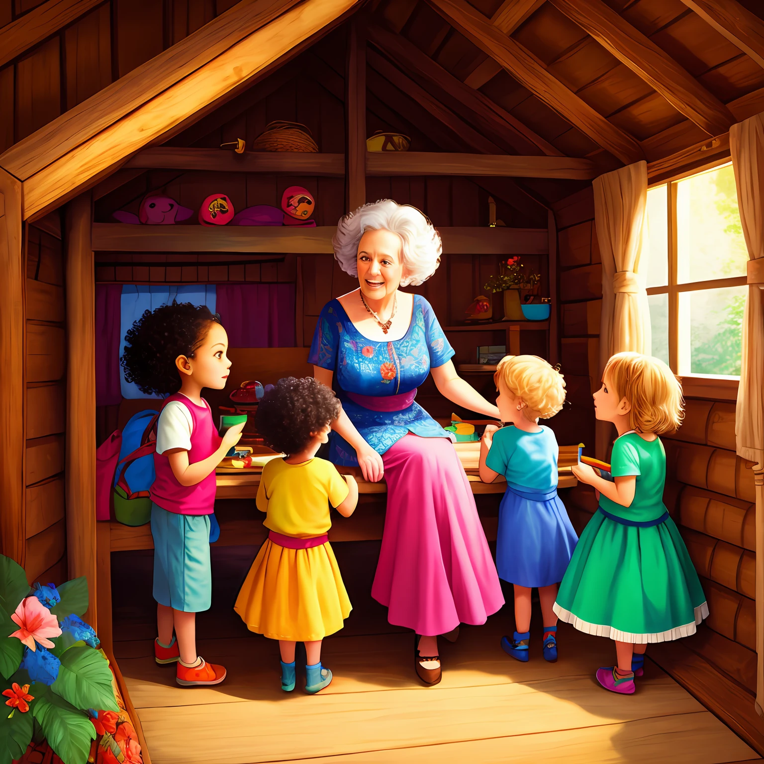 cute granny telling stories to three amazonian children in a wooden house, wooden house, granny with mysterious gaze, three poorly dressed amazonian children, one curly-haired girl, one boy, one straight-haired girl three amazonian children, three admired children, Use captivating colors and intricate details to convey The artwork should evoke a sense of wonder, celebrating the unique beauty of these extraordinary creatures. ultra detailed disney style book illustration
