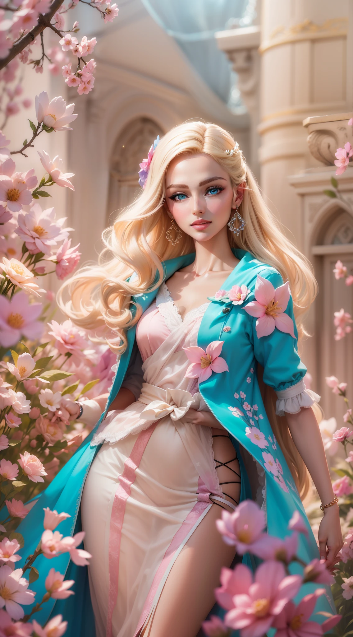 "A vibrant and glamorous Barbie doll portrait with impeccable details, capturing her elegance and charm in a high-resolution CG artwork. Radiant and flawless, the doll features a stylish outfit, stunning blue eyes, and perfectly styled (blonde hair:1.2). The soft lighting accentuates her beauty, while a hint of sparkle adds a touch of magic. Set against a dreamy background filled with pastel colors and delicate flowers, the composition creates a whimsical and enchanting atmosphere.+"