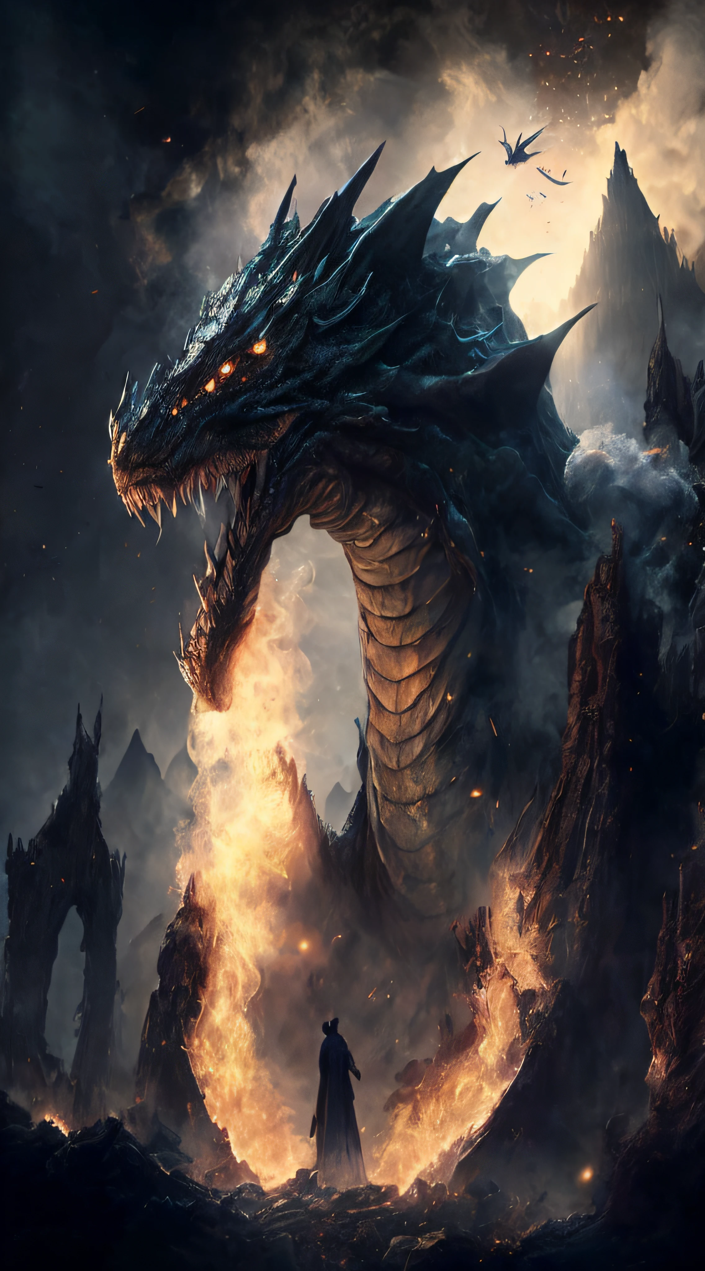 The best picture quality, masterpiece, dark magic style, dark color, surrounded by smoke, the magic dragon soars in the sky, sprays fireballs, the fireballs blow up the earth, the world is in ruins, the dragon soars in the sky, showing its supreme power.