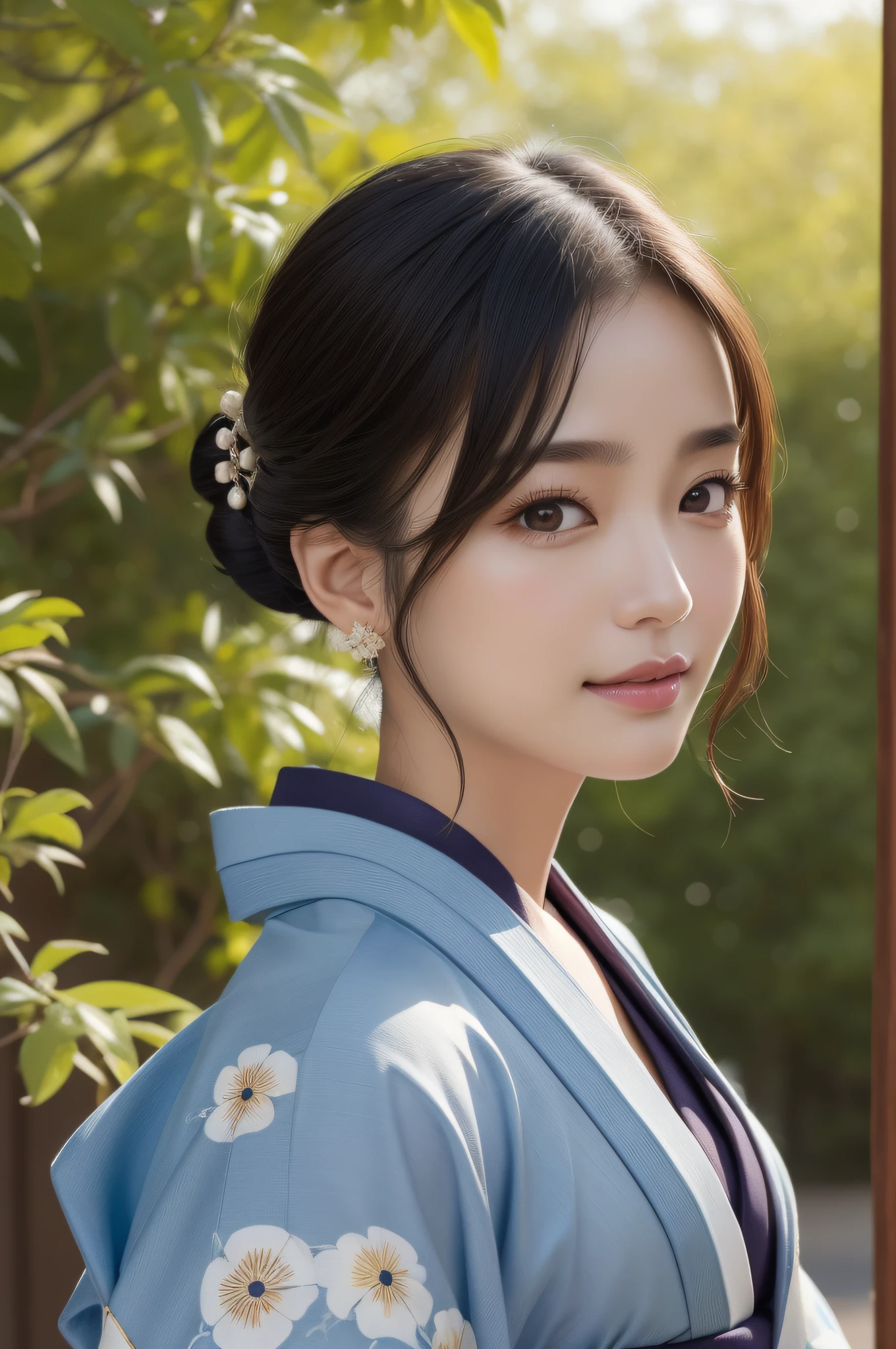 ((top-quality、8k masterpieces:1.3))、foco nítido:1.2、(ultra beautiful faces:1.0)、(Slender Abs Beauty:1.0)、(shinny skin:1.0)、photos realistic、A dark-haired、Video Lighting、High-definition eyes and face、Video Lighting、(cowboy shot:1.3)、(Kimono、Hakama、Obi:1.4)、(Korean Cute Actress)、Traditional kimono、from the front side、medium large breasts、A slight smile