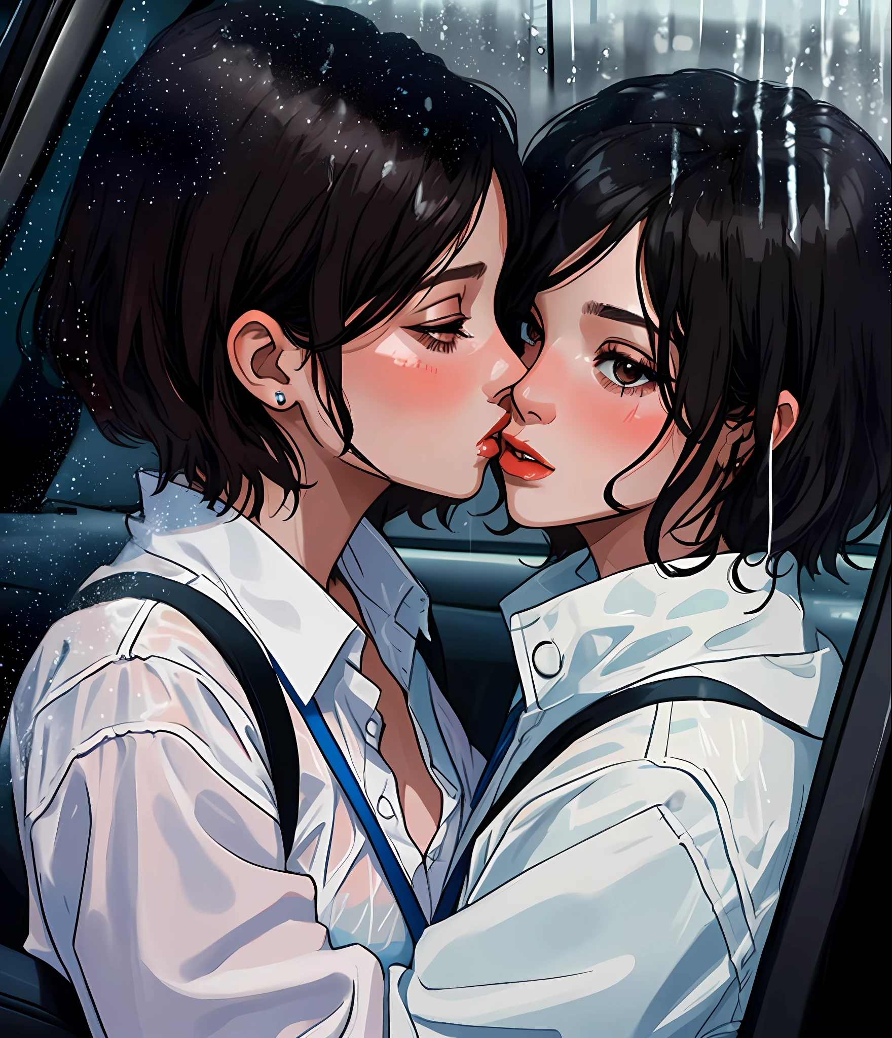 Two lesbian women making out very passionately, lips touching, hugging tight, inside a car, intense kisses, raining outside, foggy windows, very hot