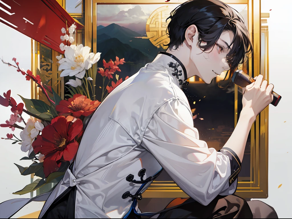 of a guy,Wearing a white cheongsam,short detailed hair,Handsome