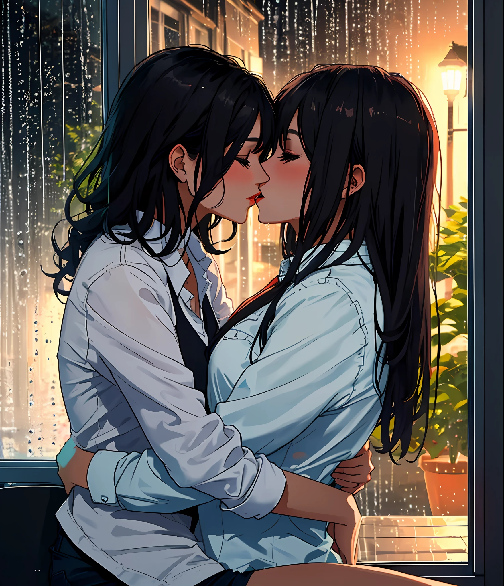 Two lesbian women making out passionately, lips touching, hugging tight, sitting on lap, chair, window, raining outside, night time