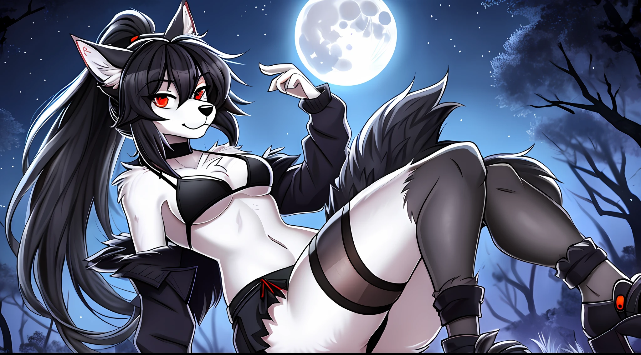 furry girl, grey wolf, black hair, long ponytail, anime style, small breasts, full body, red eyes, gothic, black jacket, open clothes, bikini, miniskirt, net tights, sandals, dark forest, night sky, moon, magic effect, high quality, detailed body, detailed eyes, masterpiece, :3, glistening body, grey body fur, detailed body fur, best quality, 2D, sfw,