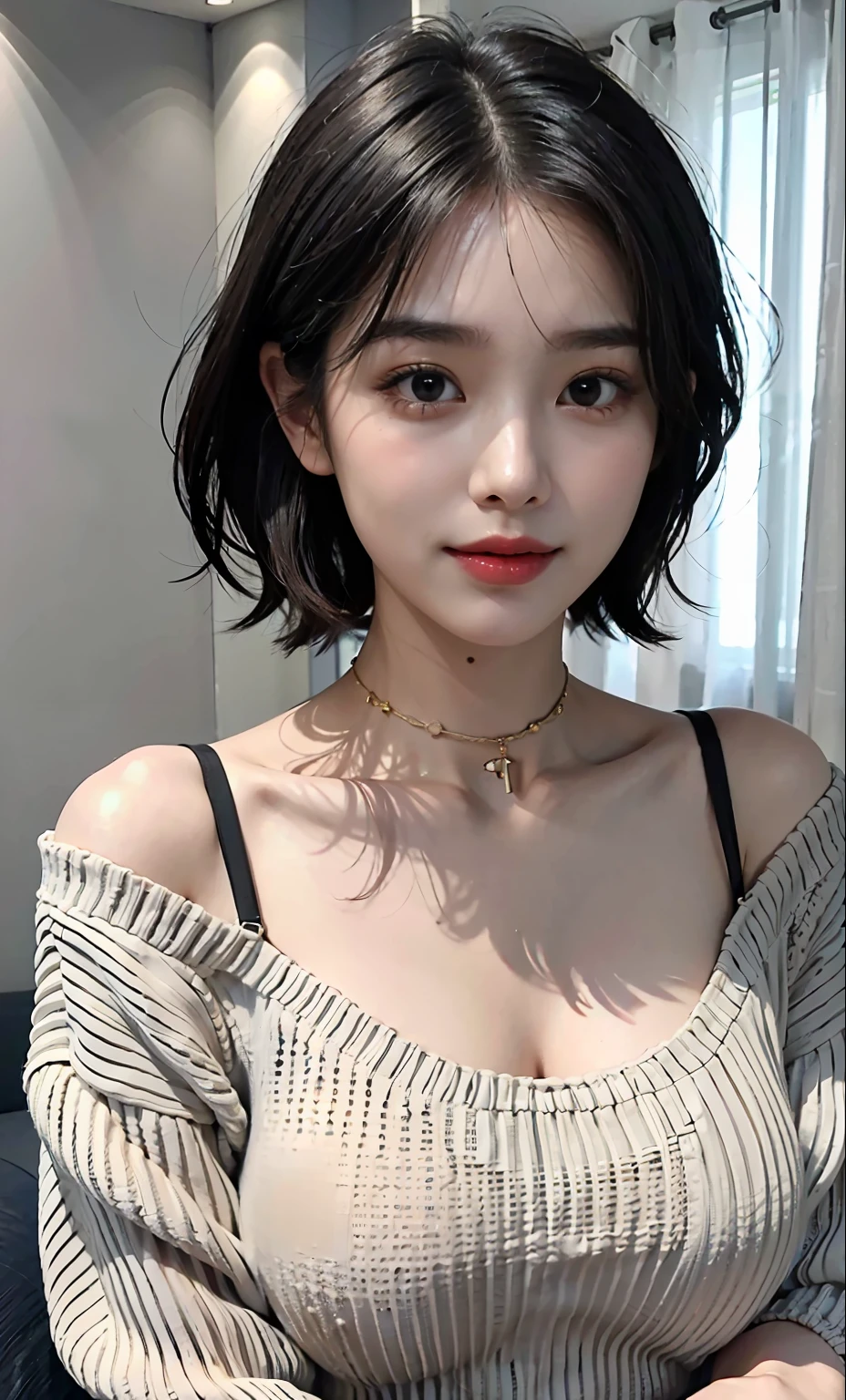 （best qualtiy，8k，32k，tmasterpiece，UHD：1.2），Beautiful Korean woman photo，，very short bobbed hair，The upper part of the body，（oversized_sweater，：1.1）choker necklace，simple backgound，tour，ssmile，Home