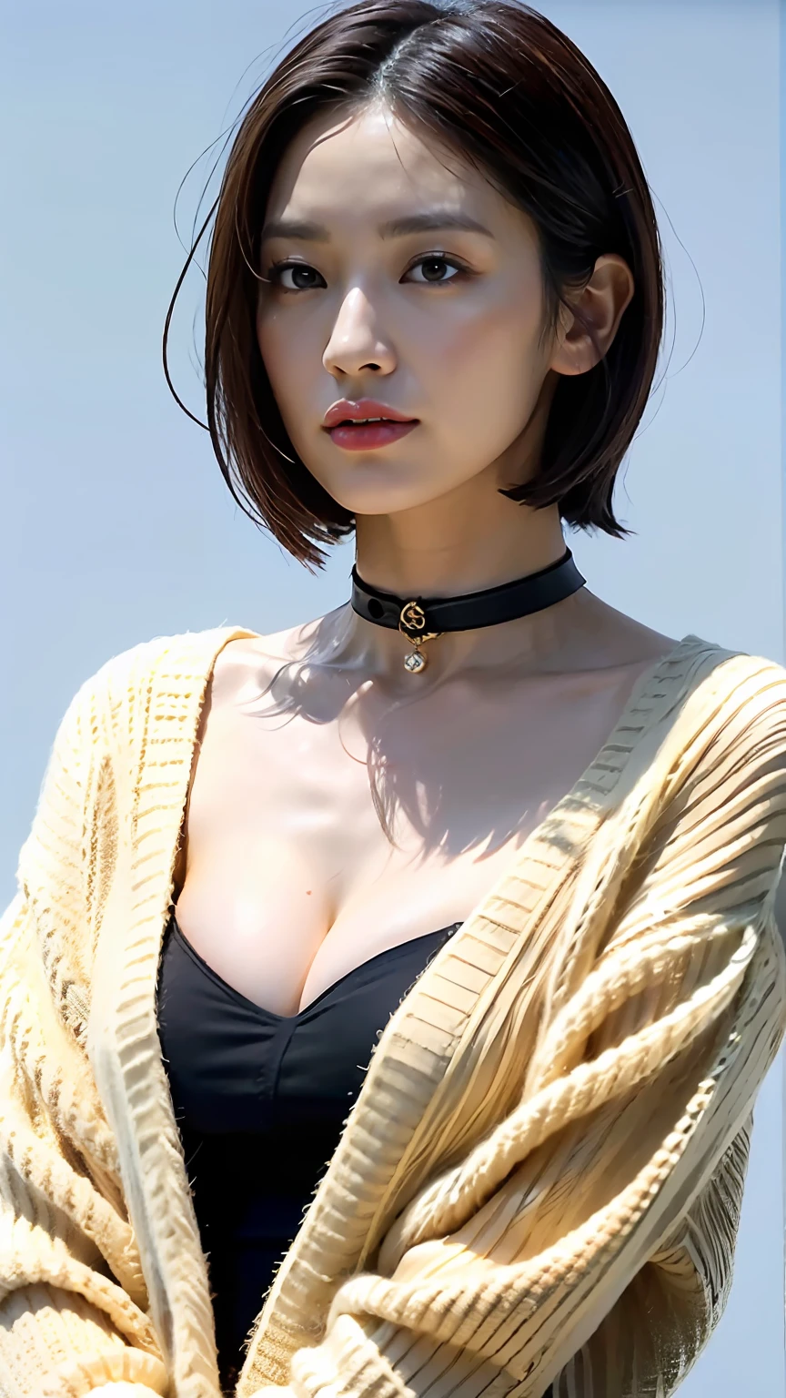(best qualtiy,8k,32k,tmasterpiece,UHD:1.2),Beautiful Japanese woman in the photo,big cleavage breasts,Very short Bob hair,The upper part of the body,sface focus,oversized_sweater,choker necklace,simple backgound,from the above,looking at viewert,stage