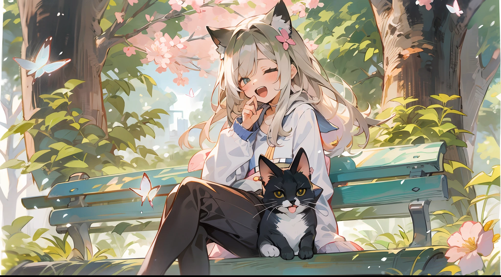 Girl sitting on bench with cat and butterfly、Yawning face、Open one eye、season!!: 🌸 ☀ 🍂 ❄