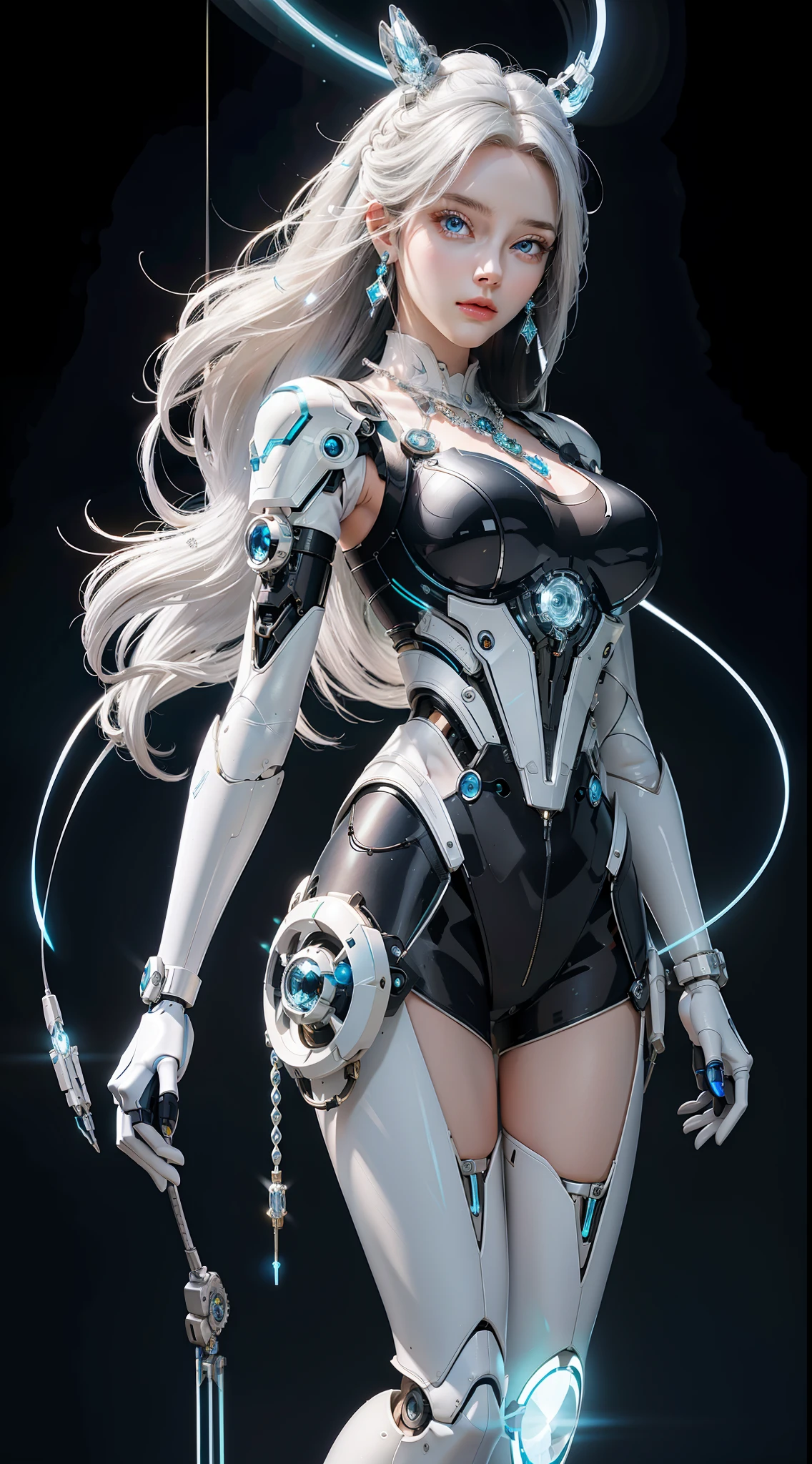 Elegant hair,1girl,solo,Mechanical Headwear,Look up the lens,white hair,long hair,whole body,mechanical arm,(glow:1.2),earrings,looking at viewer,mechanical necklace,Positive symmetrical composition,blue eyes,Robot Background,Diamond,The background of the huge light engine,mechanical leg,.