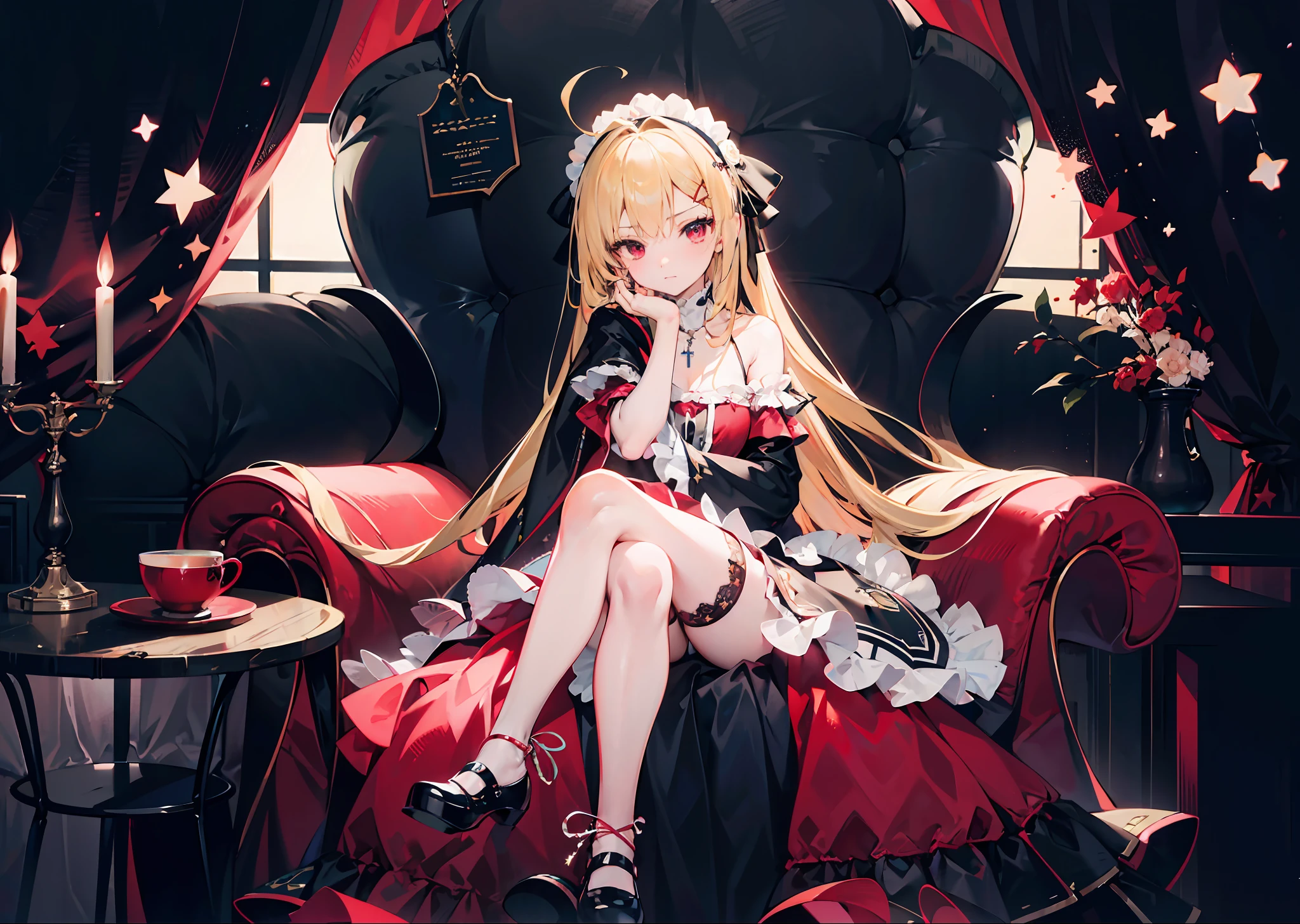 ta Gothic,Black pleated skirt,profile,incredibly_absurderes,Ray tracing,{Best quality}, {{Masterpiece}}, {A high resolution}, Original, Extremely detailed 8k wallpaper, 1girll, {An extremely delicate and beautiful},,Ray tracing,{Best quality}, {{Masterpiece}}, {A high resolution}, Original, Extremely detailed 8k wallpaper, {An extremely delicate and beautiful},,incredibly_absurderes,Colorful,intricately details,art book,,{Best quality}, {{Masterpiece}}, {A high resolution}, Original, Extremely detailed 8k wallpaper, {An extremely delicate and beautiful},,full body,Perspective,very wide angle shot,Overall view,,Red Moon,Starry sky,clusters of stars,Starry sky,glistening stars,,chies,A high resolution,Masterpiece,art of light novel,art of light novel,Vampire,Petite,loliashion,neat figure,Slender waist,Long hair,Red eyes,Blonde_Hair,looking at the distance,standing,hiddenhands,hiddenhands,Slim legs,Knees Together,Serious,Beautiful detailed eyes,Gothic_Lolita,Ped skirt,Loli,mary_jalace-trimmed_mitts,maid headdress,hair adornments,Cross necklace,cloaks ,Tiny_chest,Tiny_chest,ahoge,leg loops,tchibi,Q version,Detail fingers,