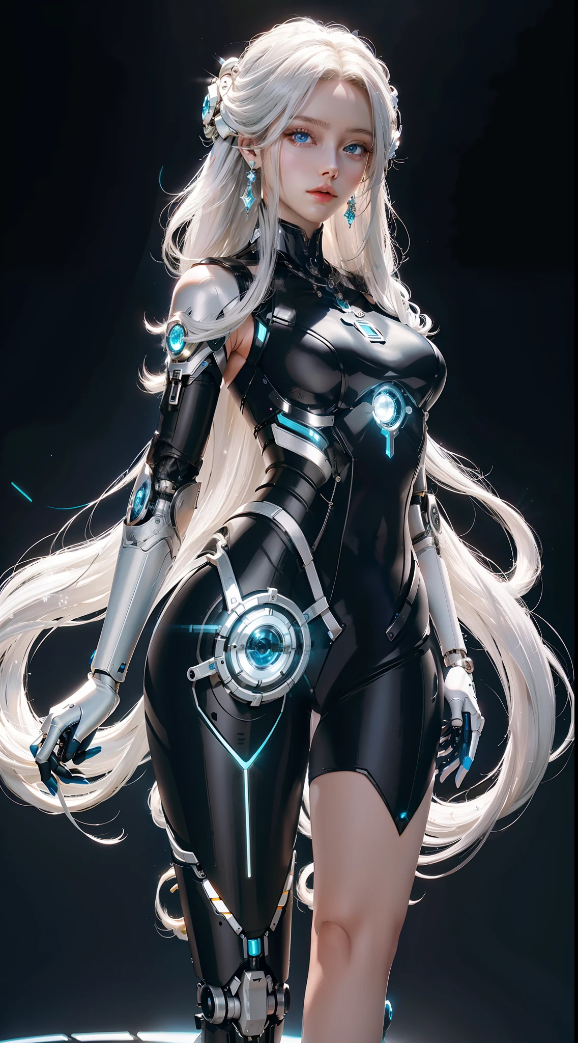 Elegant hair,1girl,solo,Mechanical Headwear,Look up the lens,white hair,long hair,whole body,mechanical arm,(glow:1.2),earrings,looking at viewer,mechanical necklace,Positive symmetrical composition,blue eyes,Robot Background,Diamond,The background of the huge light engine,mechanical leg,.