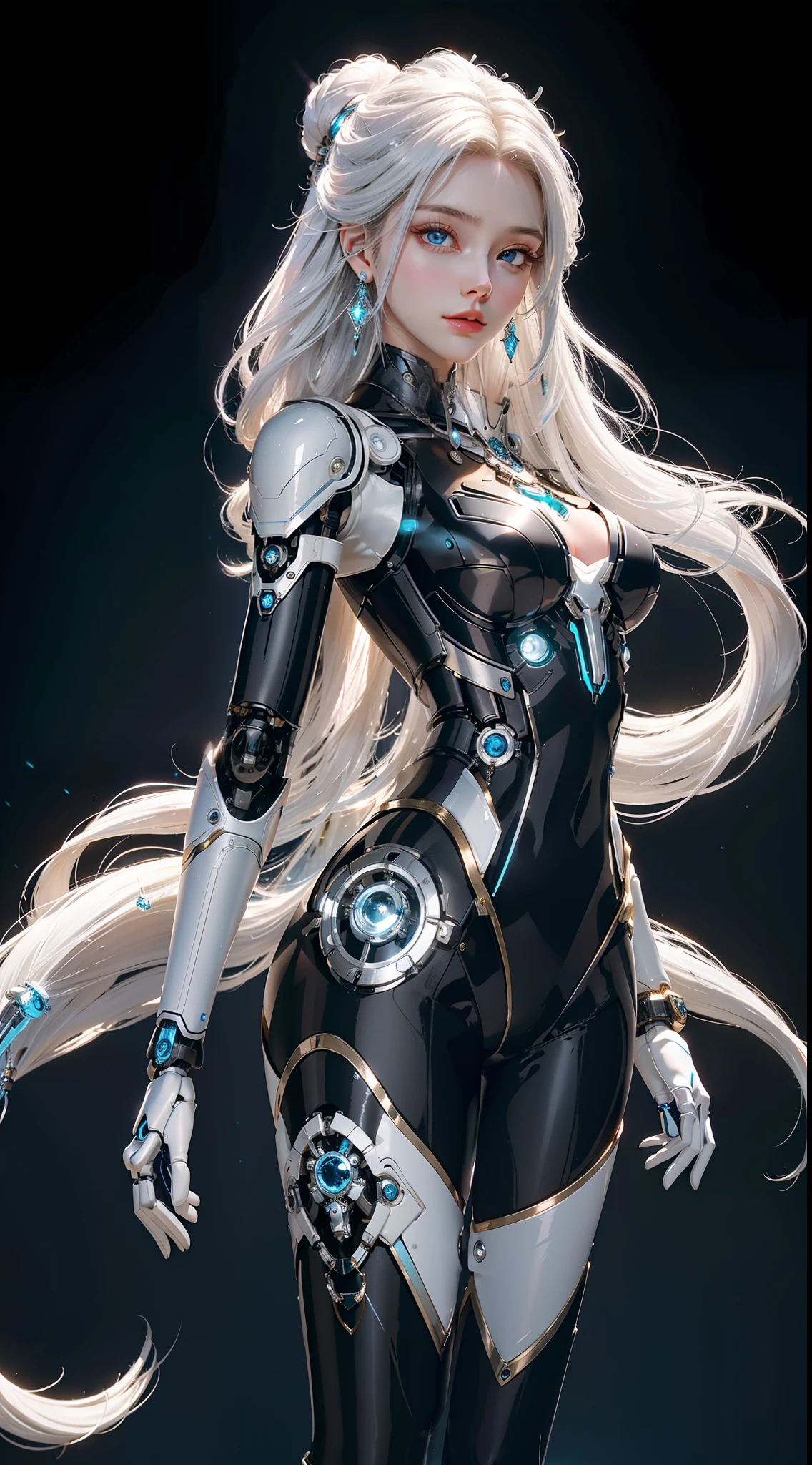 Elegant hair,1girl,solo,Mechanical Headwear,Look up the lens,white hair,long hair,whole body,mechanical arm,(glow:1.2),earrings,looking at viewer,mechanical necklace,Positive symmetrical composition,blue eyes,Robot Background,Diamond,The background of the huge light engine,mechanical leg,.