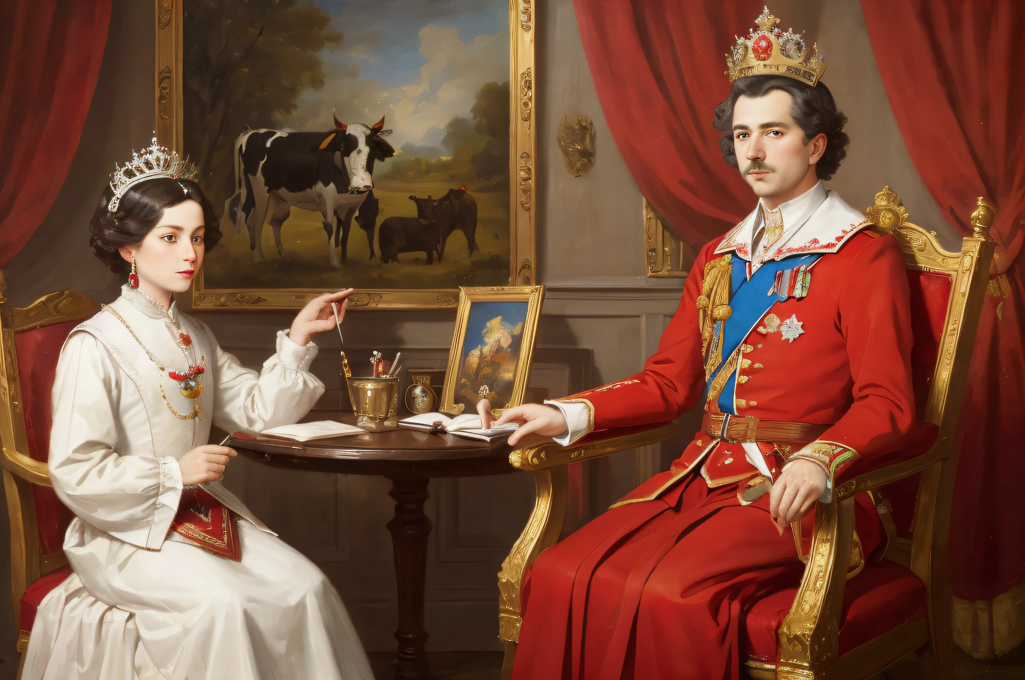 Painting of a cow wearing a crown and red nobility, majesty in noble clothes,Vaguely seen sitting on a gorgeous chair,Gorgeous chairs，atmospurate，There is momentum，Voith, painted in high resolution, Inspired by Albert Kuyp, Inspired by Nicolas Eliasson Pikenoi, inspired by Nicolaes Maes, royal portrait, author：Tadeusz Pruszkówski, Inspired by Ferdinand Bohr