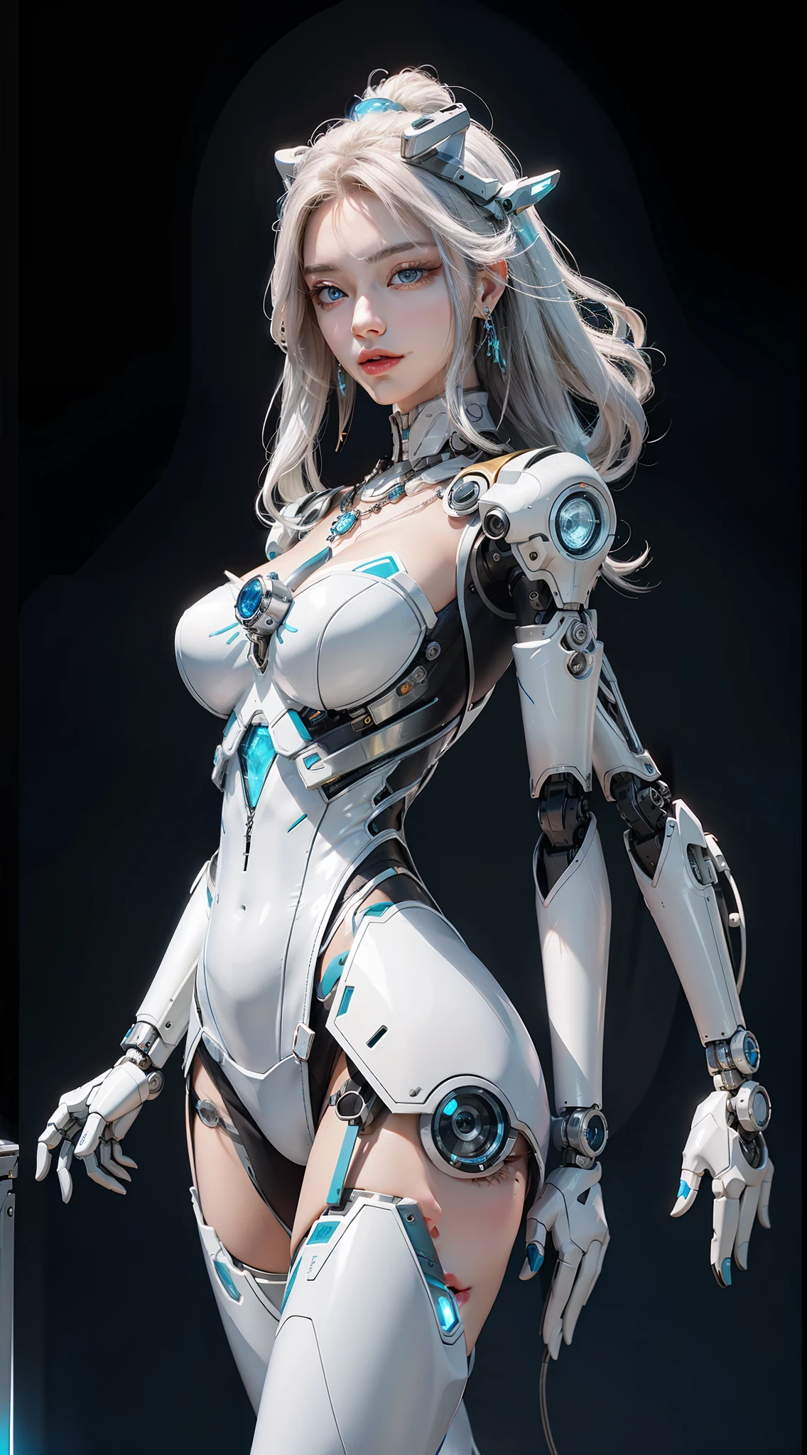 Elegant hair,1girl,solo,Mechanical Headwear,Look up the lens,white hair,long hair,whole body,mechanical arm,(glow:1.2),earrings,looking at viewer,mechanical necklace,Positive symmetrical composition,blue eyes,Robot Background,Diamond,The background of the huge light engine,mechanical leg,.