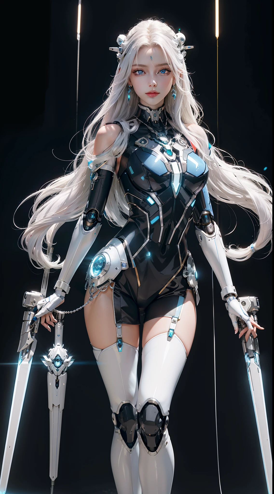 Elegant hair,1girl,solo,Mechanical Headwear,Look up the lens,white hair,long hair,whole body,mechanical arm,(glow:1.2),earrings,looking at viewer,mechanical necklace,Positive symmetrical composition,blue eyes,Robot Background,Diamond,The background of the huge light engine,mechanical leg,.