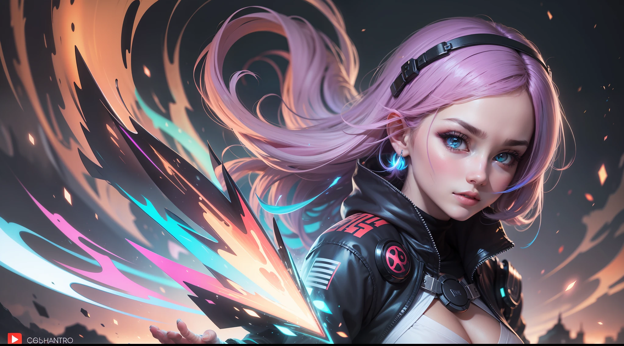 Mulher ninja com fone de ouvido sentido paz, olhos fechados, rosto bonito, cores RGB, cabelo rosa brilhante, colorido anime, fundo brilhante, Banner for youtube video,  feliz, nuvens com cores RGB, cores RGB brilhantes, completo, ser celestial, garota gamer.