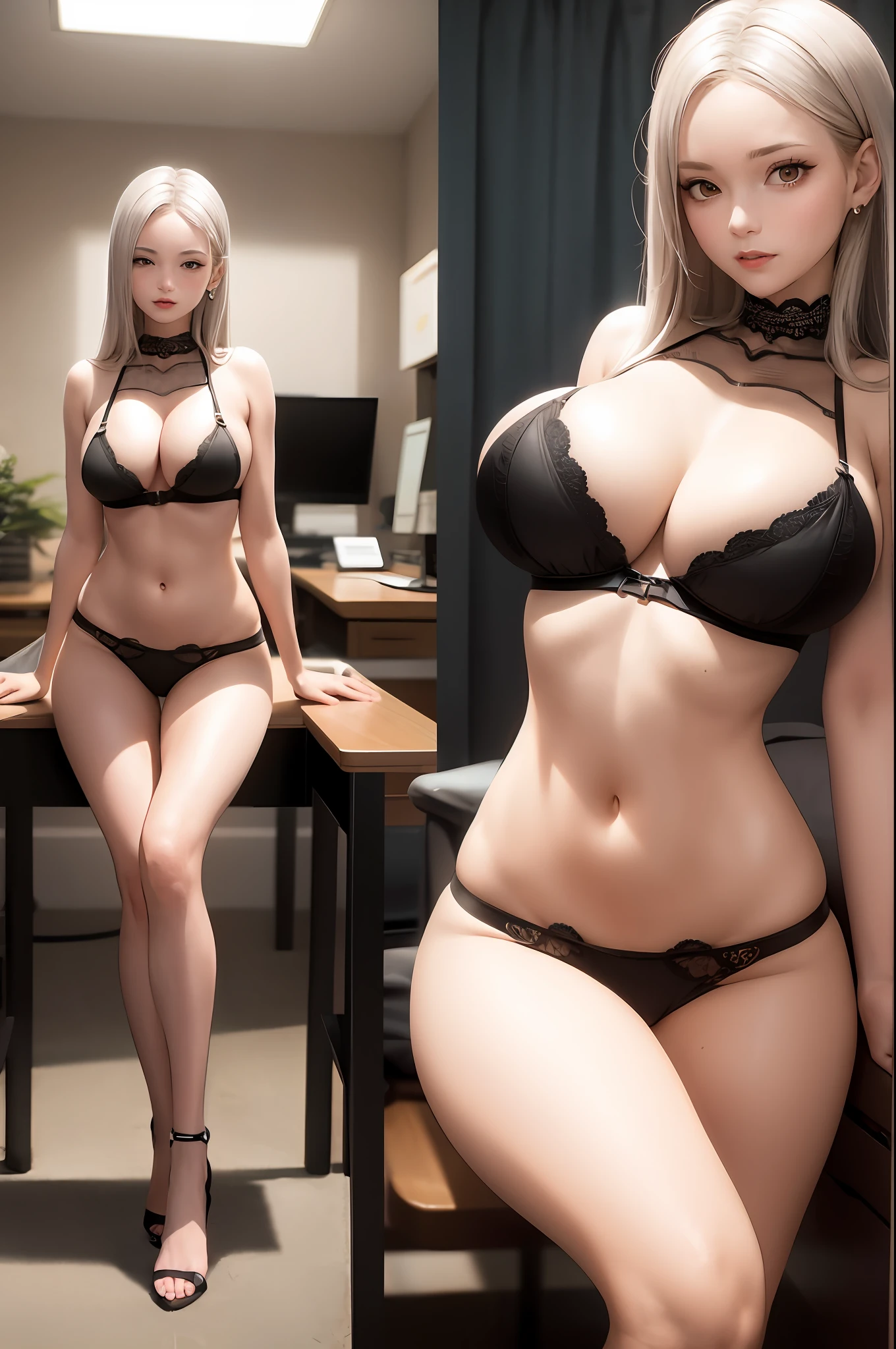 shenhe， Kizi，独奏，nedium breasts，Re-emulsification，校服，office backdrop，office room，hair between eye，hair adornments，big cleavage breasts，long whitr hair，looking at viewert，silber hair，braidedhair，silver short nails，Silver eyes，独奏，long whitr hair，((tmasterpiece))，Sat down，a chair，Study desk，Computer on the desk，Accessories brand，ID tags，inside in room，Be red in the face，A sexy pose，sensual breasts，really large bust，(Lively breasts)，breasts out，Very large breasts，The breast is exposed，Belly exposure，Sexy buttocks，鎖骨，The expression is shy，（NSFW），is shy，no brassiere，Cover your chest with your hands，Expose boob，White breasts，，The bust shape is perfect，The side chest is lively，Lift your clothes,perfect bodies，the golden ratio，full body exposed，Hands on the buttocks，Stretch your waist forward，The chest is straight forward，back to look back，Sexy eyes，Sexy thighs，Sexy collarbone，The neck is slender，The breasts almost burst the bra，The bra almost cracked，Chest straight，Sagging naturally and stretching forward，Sexy abs，Sexy buttocks，Very sexy breasts，Side Chest(Secondary breasts)Lively and upright，Naturally droop down and stretch forward，Dress revealingly，Elongated thighs，The calves are slender，Larger eyes，Silver pupils，smaller nose，Small lips，Redlip，The arms are slender，Hourglass figure，Hands touch the breasts，Breasts burst out of the bra，huge tit，perfect bodies，Sexy figure，Exposed figure，black lace bras，Black lace tunic，Black lace panties，black micro skirt，blacksilk，black heels，black corset