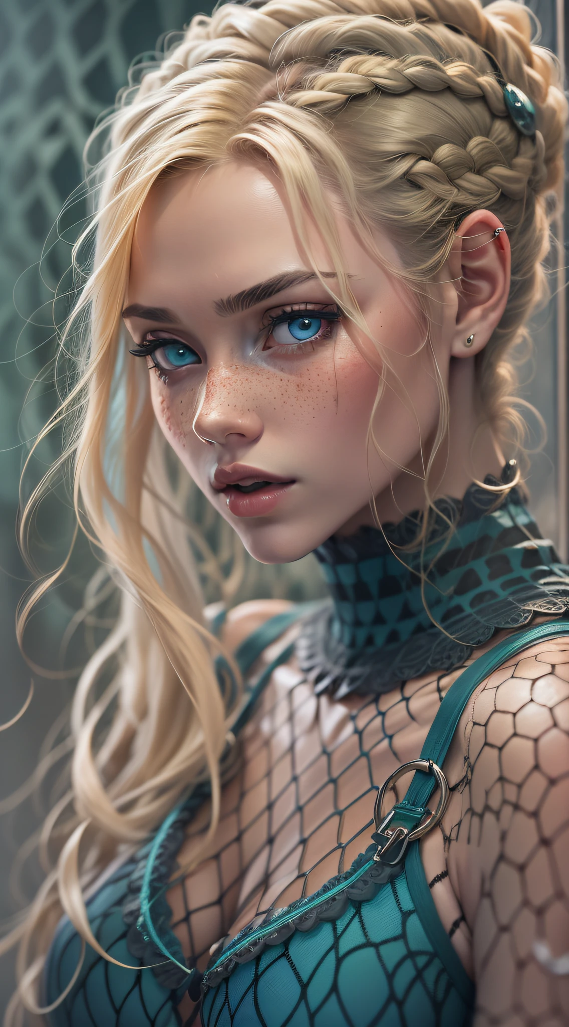 Soldat, blonde hair blonde woman braids with freckles turquoise blue eyes a strangulation and strangler on head tights black fishnet combination, soleil bleu, bleu