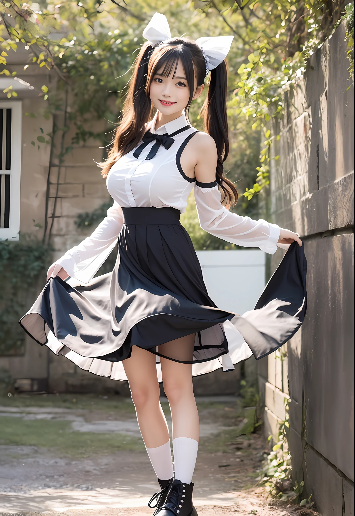 masterpiece, best quality, masterpiece,best quality,official art,extremely detailed CG unity 8k wallpaper, wedding dress:china dress:0.3, field, house, bare shoulders, detached sleeves, open clothes, sailor shirt, pleated skirt, standing, twintails, black hair, lolita hairband, large breasts, school uniform, blush, smile, white legwear, rudder footwear