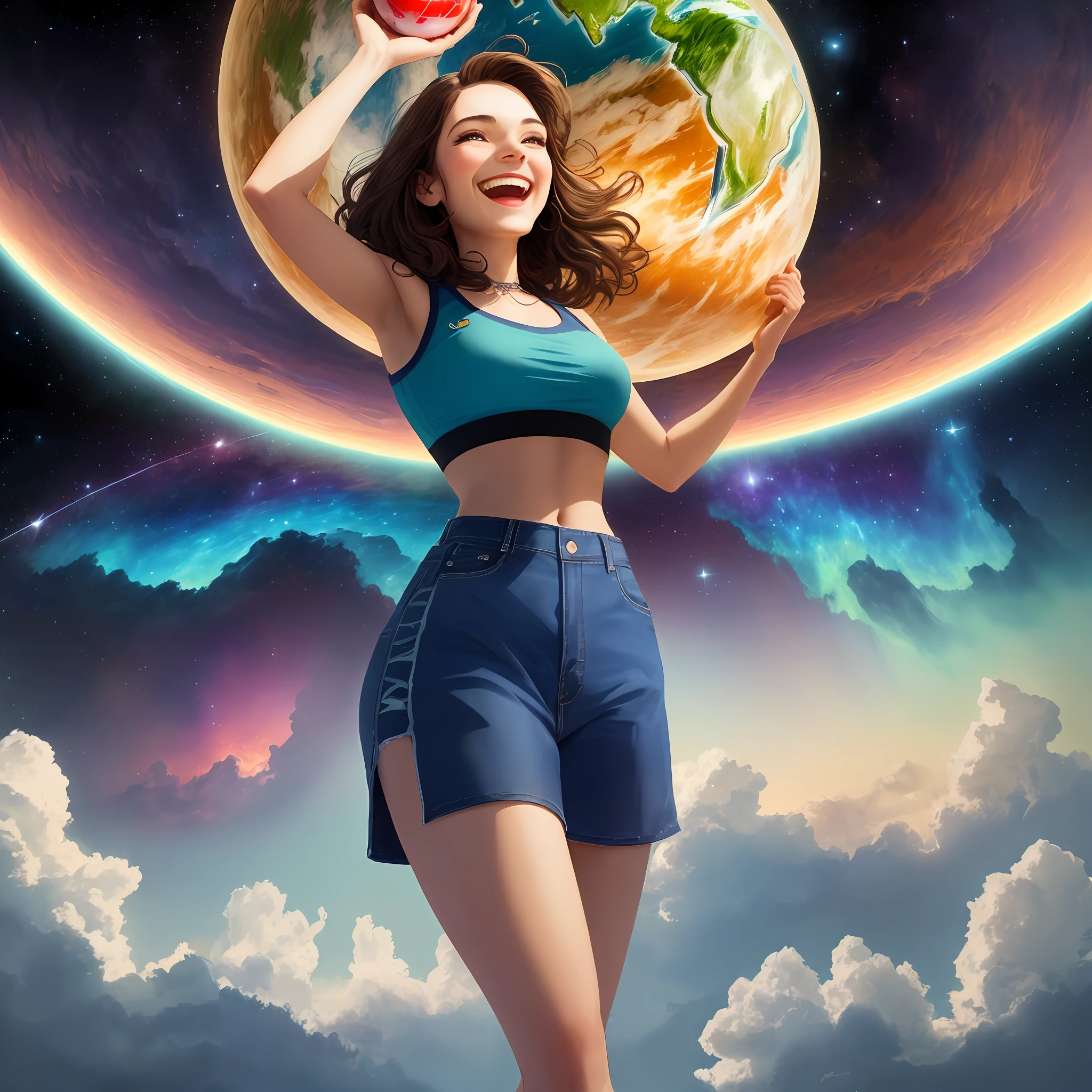 "Beautiful young brunette woman in a blue crop top holding planet earth in her hand, laughing, with an ((evil)) expression, looking down at the camera from a low angle, and a background of cosmic scenery."
