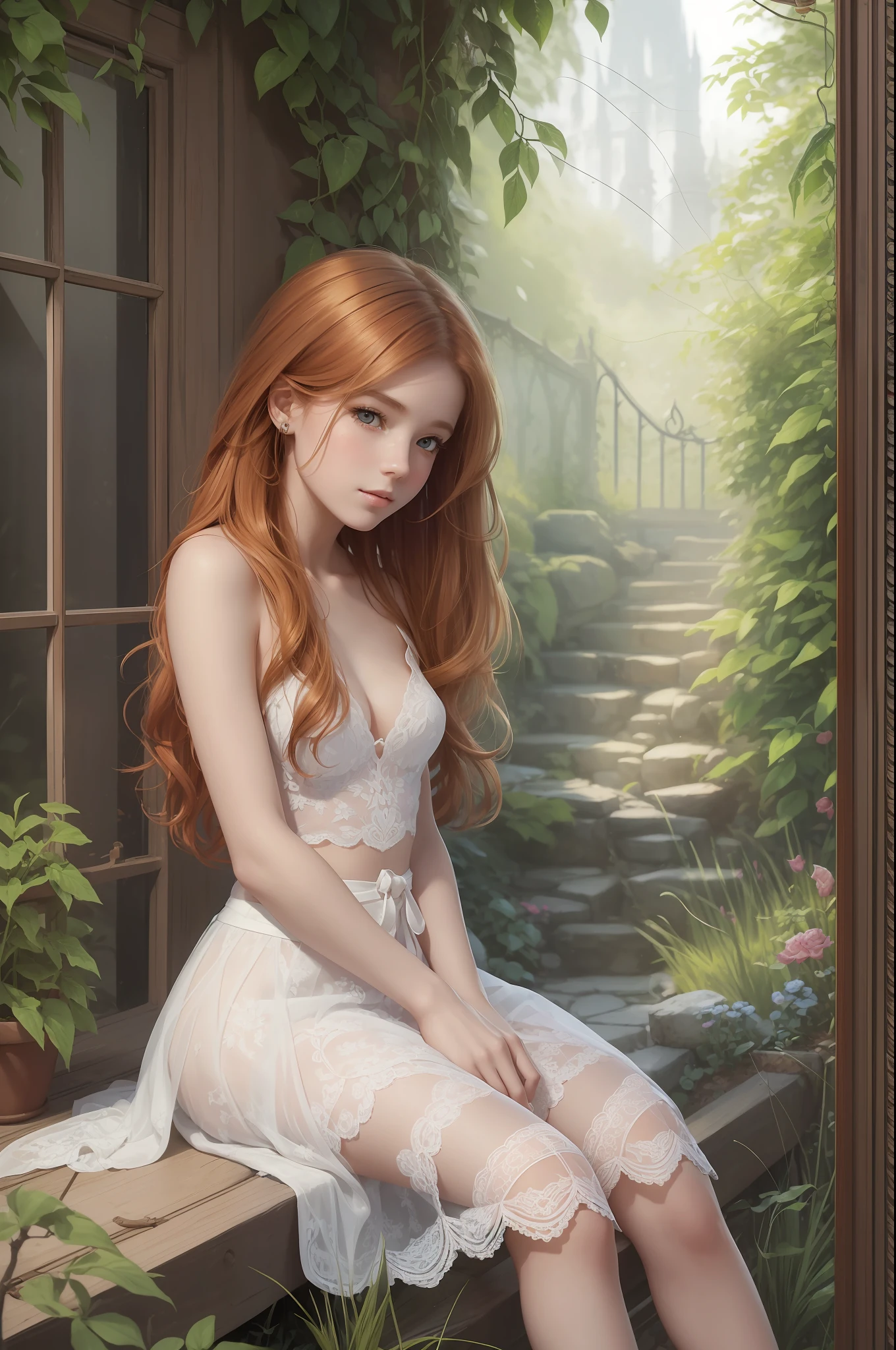 （best qualtiy，tmasterpiece，art  stations，Fantasyart：1.2），A beautiful and cute girl，French girl，petite，（Long, messy ginger hair：1.1），（Lace skirt，naked leg：1.2），In the garden，realisticlying，Detailed face，