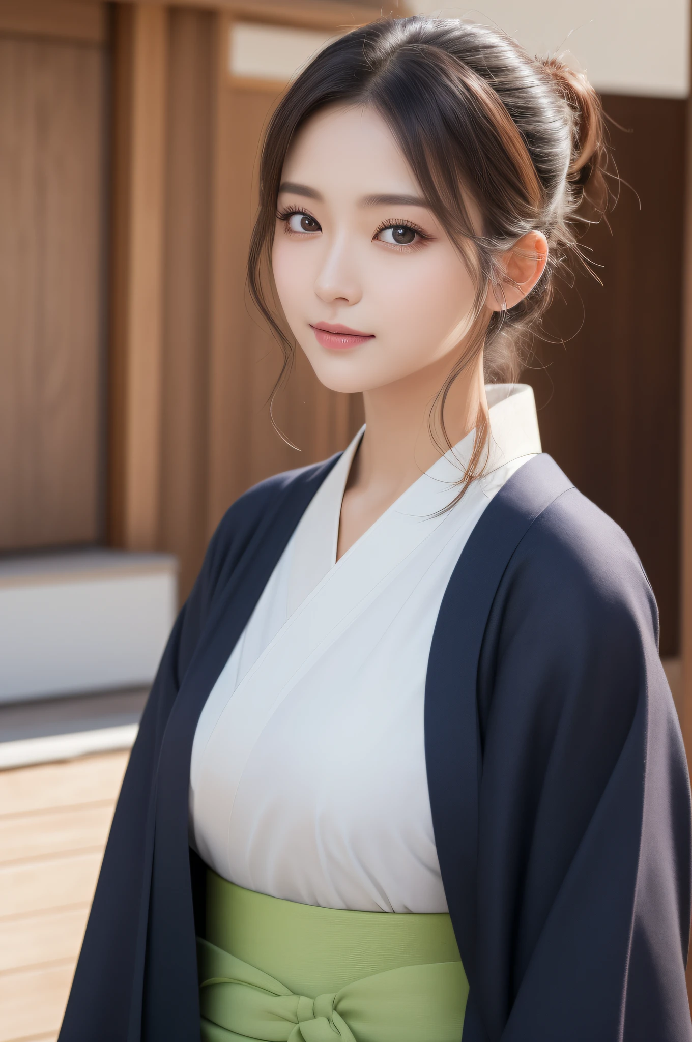 ((top-quality、8k masterpieces:1.3))、foco nítido:1.2、(ultra beautiful faces:1.0)、(Slender Abs Beauty:1.0)、(shinny skin:1.0)、photos realistic、A dark-haired、Video Lighting、High-definition eyes and face、Video Lighting、(cowboy shot:1.3)、(Kimono、Hakama、Obi:1.4)、(Korean Cute Actress)、Traditional kimono、from the front side、medium large breasts、A slight smile