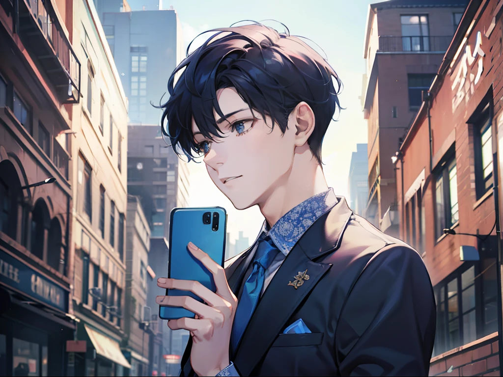 of a guy，Wearing a blue suit，Medium and short hair，Looks sweet and soft，Take the phone in your hand