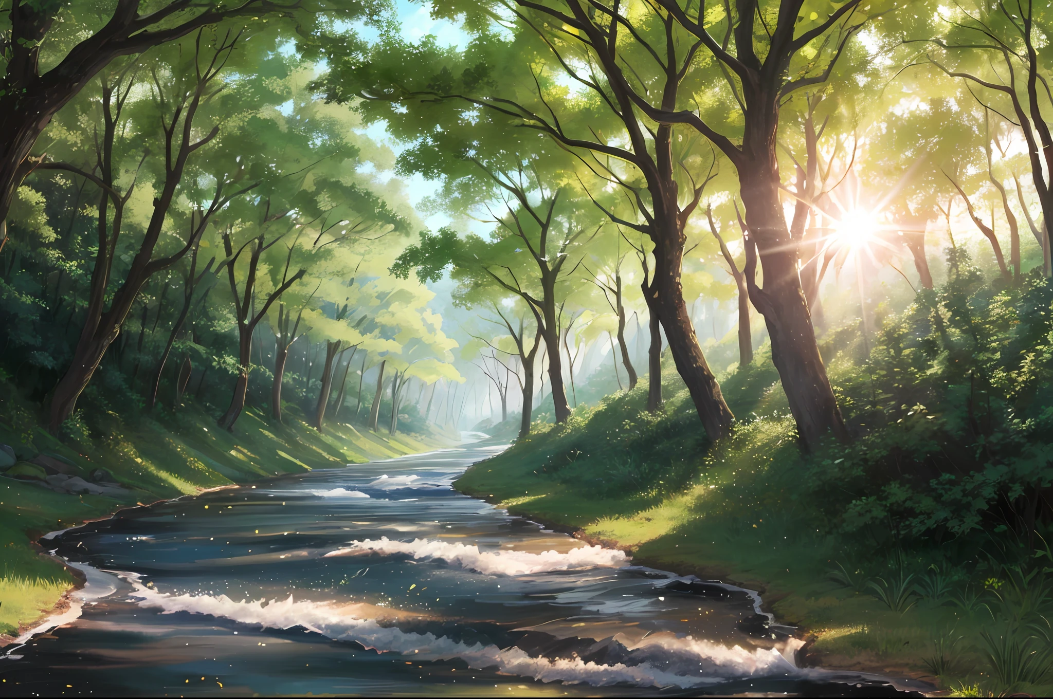 Uma floresta devastada cheia de animais variadas especie, with a gentle flow running through the center and the sun shining among the trees.