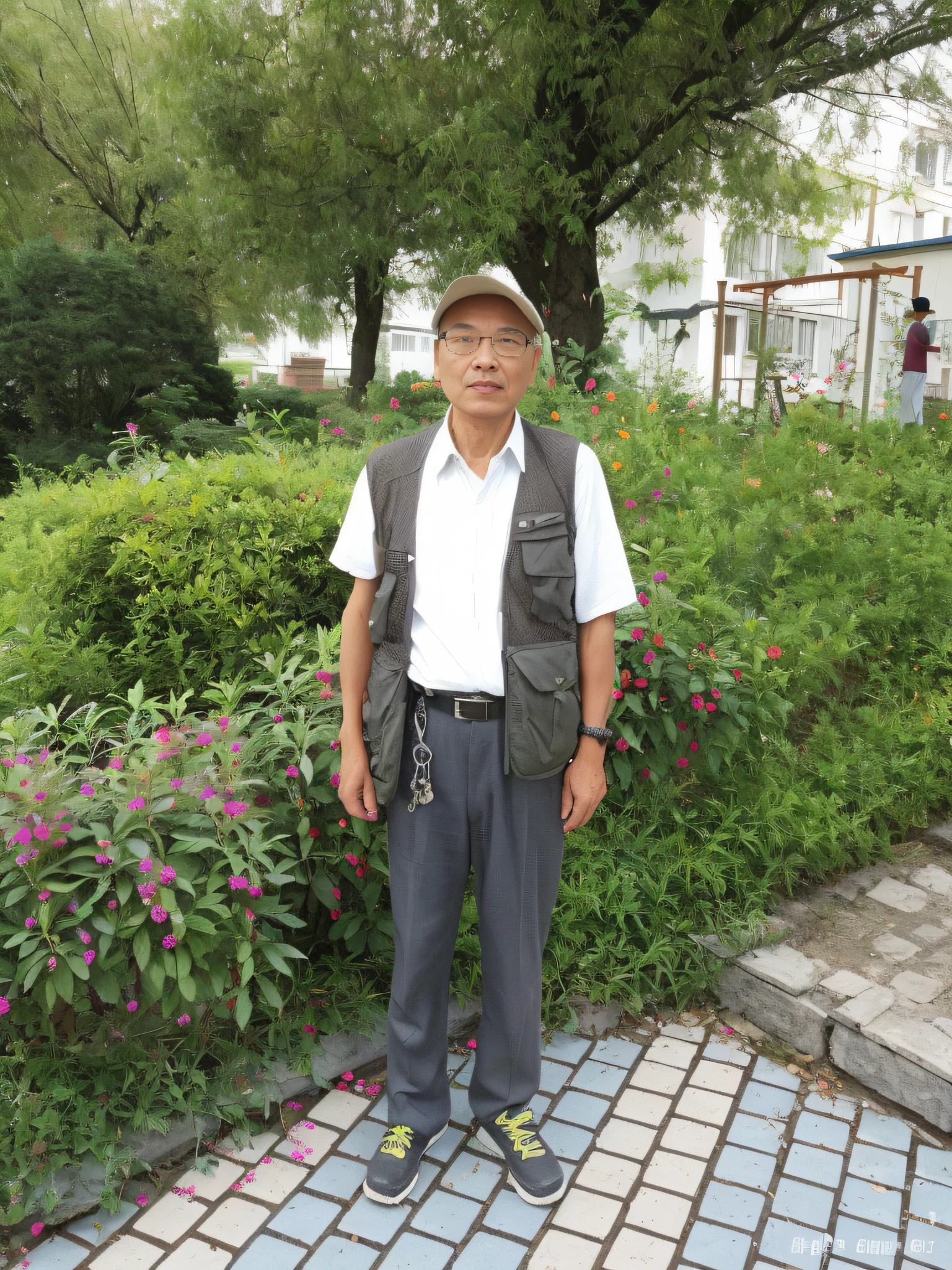 There was a man standing on the brick walkway of the garden, he is about 6 0 years old, huifeng huang, he is about 60 years old, donglu yu, zeng fanzh, xiaoguang sun, xiaofan zhang, jinyiwei, xintong chen, he is about 60 years old --auto