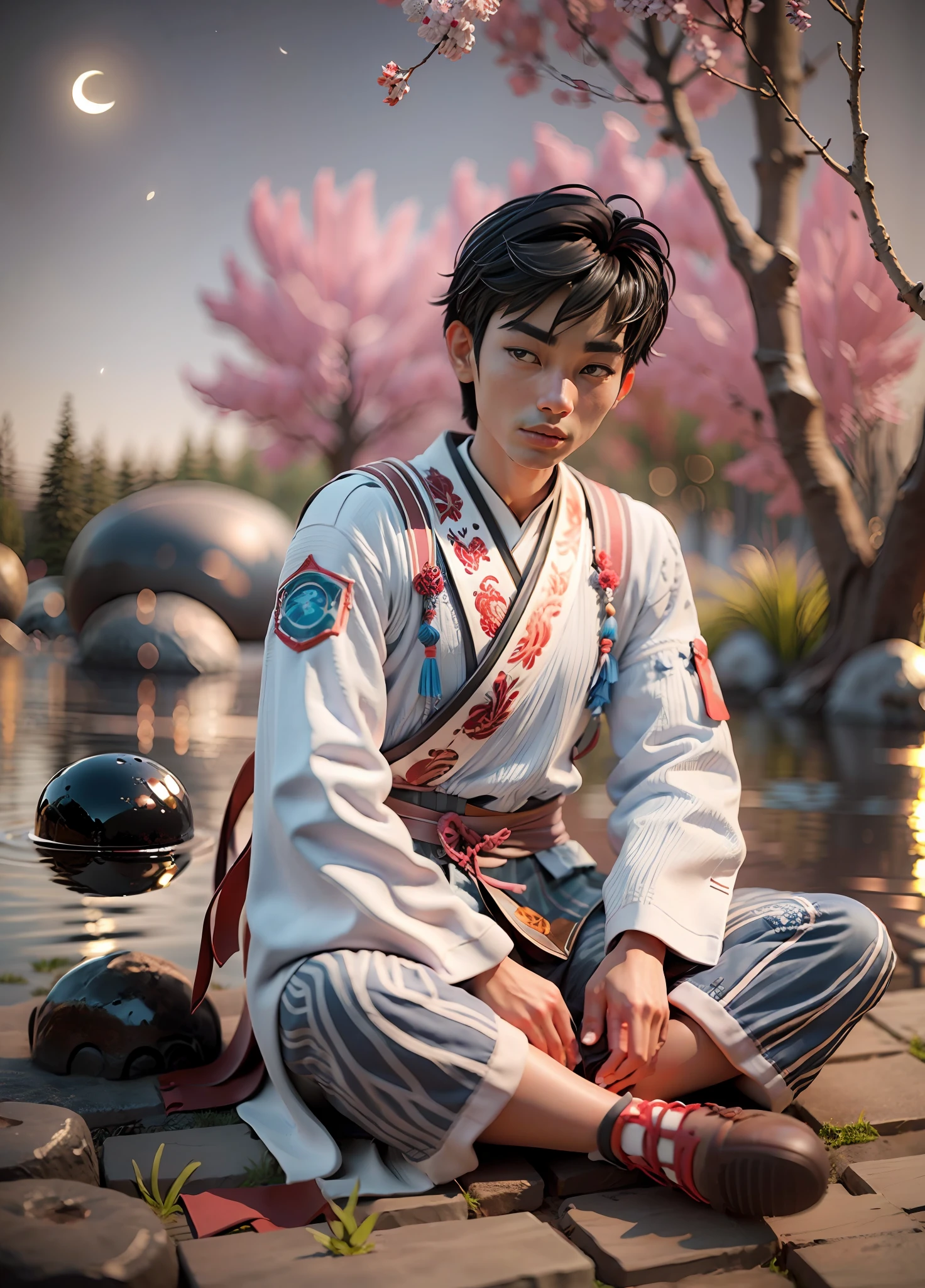 Character, oriental man model, A skinny young man in a Zen costume,(cotton texture), sat on the ground, The background is the Japanese Kuma Garden and Go board,ultra short hair,Very bright eyes(detail on eyes), long legs, Lighting details, Anime style with defining strokes, Dark background with moon blue light, 8K, hyper HD, severe low lighting, High quality, Sharp focus, Fujifilm XT3
