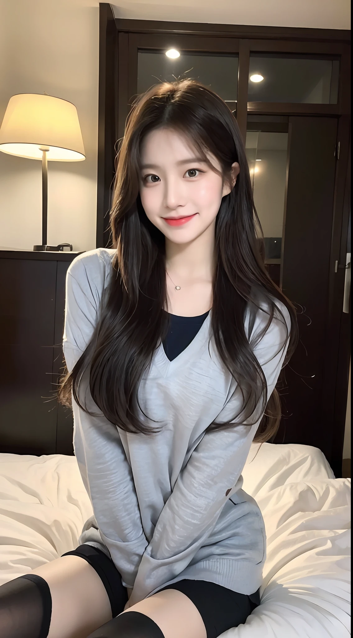 (1 Korean star with royal sister style), ((Best quality, 8K, 巨作: 1.3)), focal point: 1.2, Perfect body proportions: 1.4, (Make a smile), (Ray traching),Watery eyes, Highly Detailed Face and Skin Textur, Fine eyes, Double eyelids, Whitens the skin, (long whitr hair, Air bangs: 1.3), (face round: 1.5), (Student uniform: 1.4), (duck sitting,sit on a bed: 1.6),(black lence stockings: 1.4),(film grain style:1.3),a sense of atmosphere