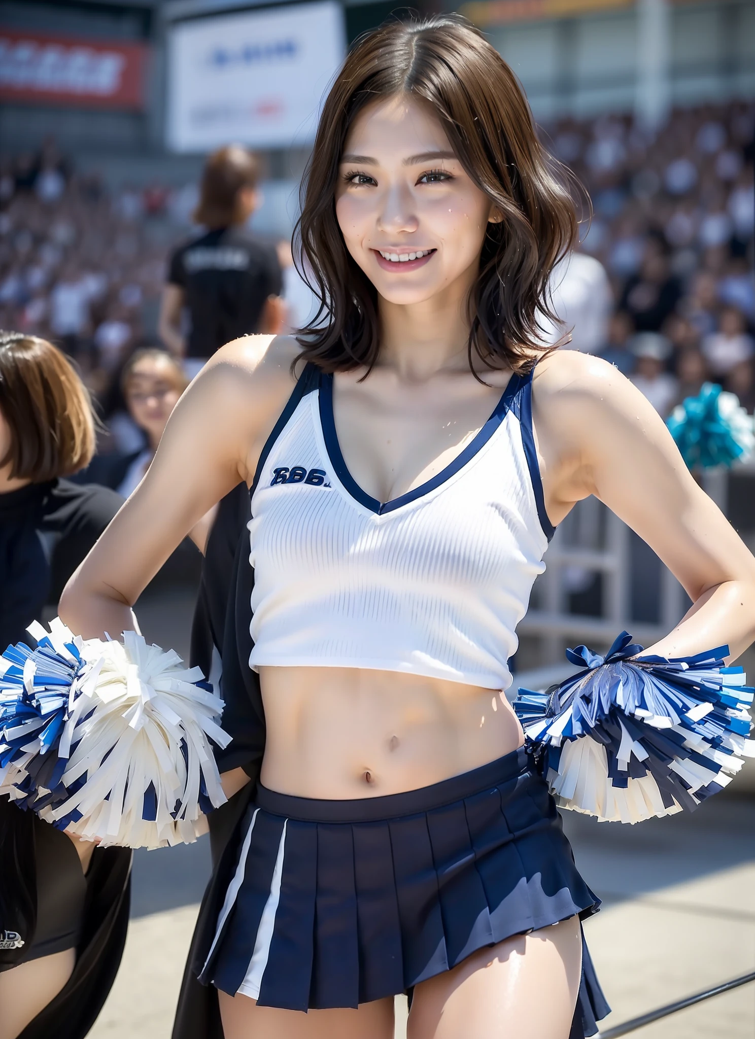 1人の女性、8K、Raw photography、(top-quality、masterpiece、intricate detailes: 1.4)、(realisitic、Photorealsitic: 1.3)、(reallistic: 1.3)、Photorealsitic、 Japan Cheerleaders、Only pompoms in the hands、a navel、skirt by the、((Woman standing:1.8))、Stadium Background、(Beauty like an actress in Japan)、(cheerleaders:1.6)、(Bob Hair:1.8)、(wetting hair)、(Wet bangs)、wetted skin、(nipple protrusions that can be seen through)、 20yr old、(a small face:1.5)、(Facial expressions with smiles)、Light makeup、Thin eyebrows、 detailed and beautiful faces、A detailed eye、(Tear bag:1.1)、Detailed finger、Detailed legs、Detailed skin、Medium chest、Lustrous hair、Lustrous skin、Wet and drippy hair、Wet and drippy skin、Wet clothes、(no-bra)、(No Underwear)