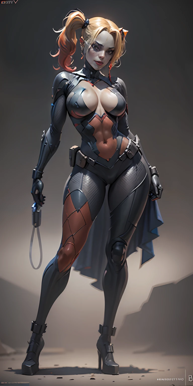 Harley Quinn from DC, big breasts, frontal, full-length, looking at the camera, facing the audience, standing pose, simple background, three-dimensional light, detailed full-body concept, sleek digital concept art, beautiful full-body concept art, art trend, CGsociety full-length,