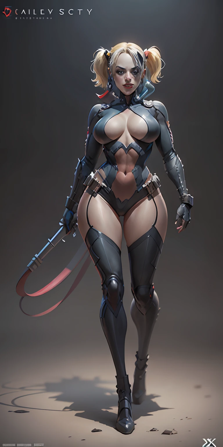 Harley Quinn from DC, big breasts, frontal, full-length, looking at the camera, facing the audience, standing pose, simple background, three-dimensional light, detailed full-body concept, sleek digital concept art, beautiful full-body concept art, art trend, CGsociety full-length,