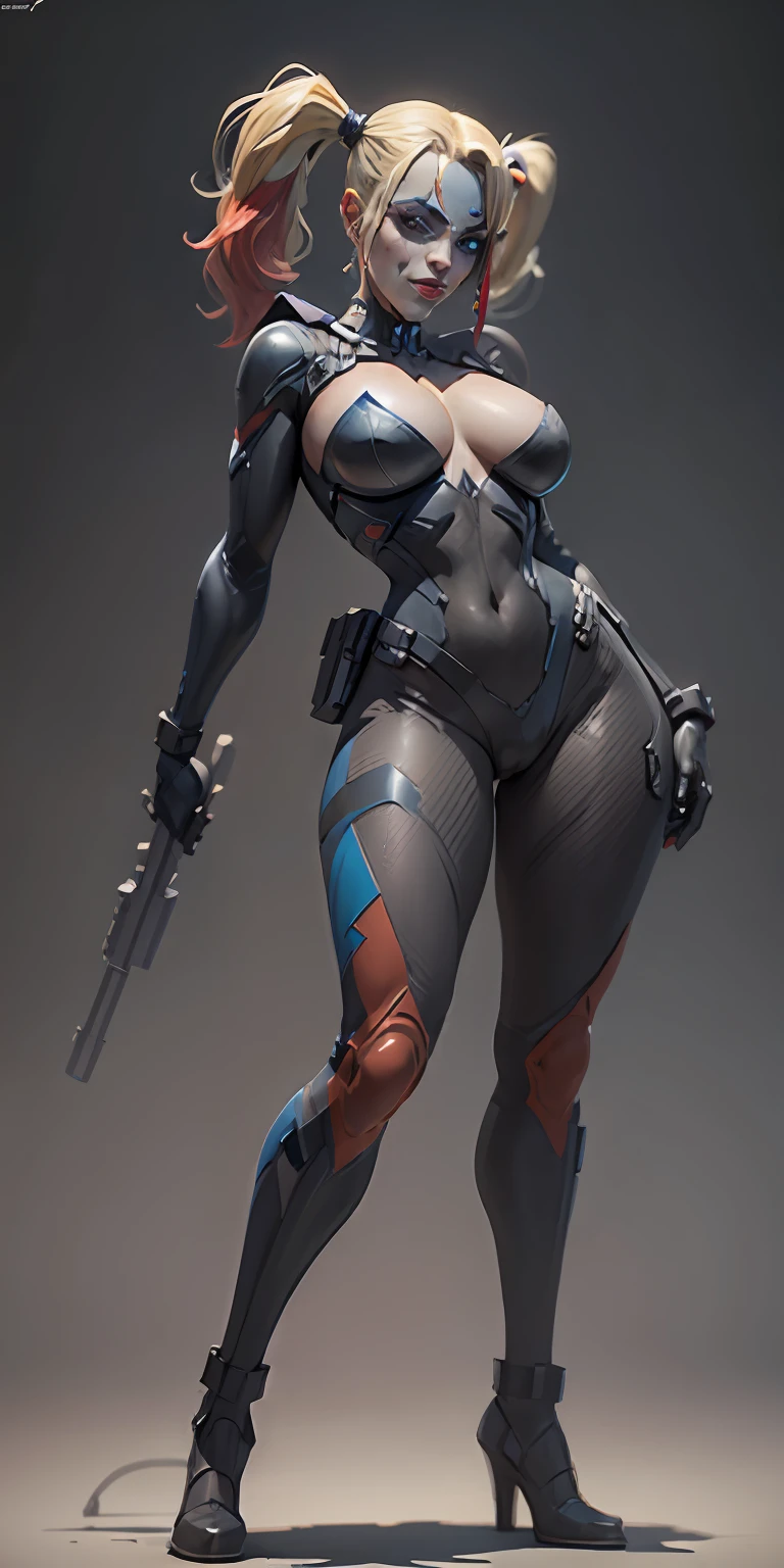 Harley Quinn from DC, big breasts, frontal, full-length, looking at the camera, facing the audience, standing pose, simple background, three-dimensional light, detailed full-body concept, sleek digital concept art, beautiful full-body concept art, art trend, CGsociety full-length,