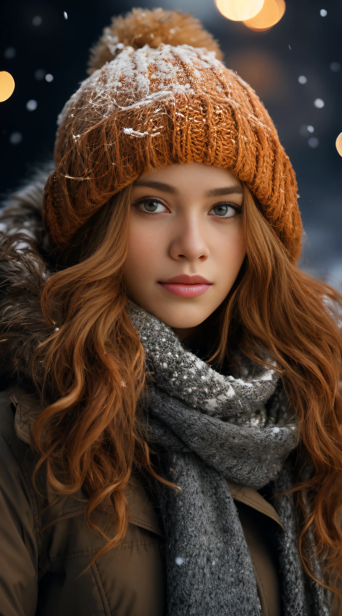 a african woman wearing a hat and scarf in the snow, a portrait, by Antoni Brodowski, shutterstock, digital art, cute young redhead girl, in a storm, looking upwards, bokeh top cinematic lighting