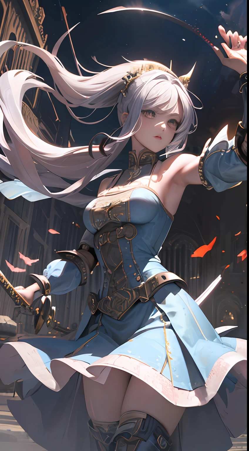 ((Super Best Quality)), ((Very Masterpiece)), ((super detailing:1.4)),((3d ultrarealistic)),warrior girl, Mechanical body, Dynamic action poses in battle scenes,(Armed with a huge broadsword),Off-the-shoulder fashion blends meticulous steampunk with sophisticated gothic Lolita, Complex steampunk headgear, very thin long legs, mechanical boots above the knee, Fluttering lace flared miniskirt, Nourish beauty,Fairly long vertically curly silver hair flutters in the wind,Break,The background is the battlefield,(Countless swords pierced the ground),Blood and fire are intertwined,very dark night backgrounds,Very dramatic and cinematic lighting。