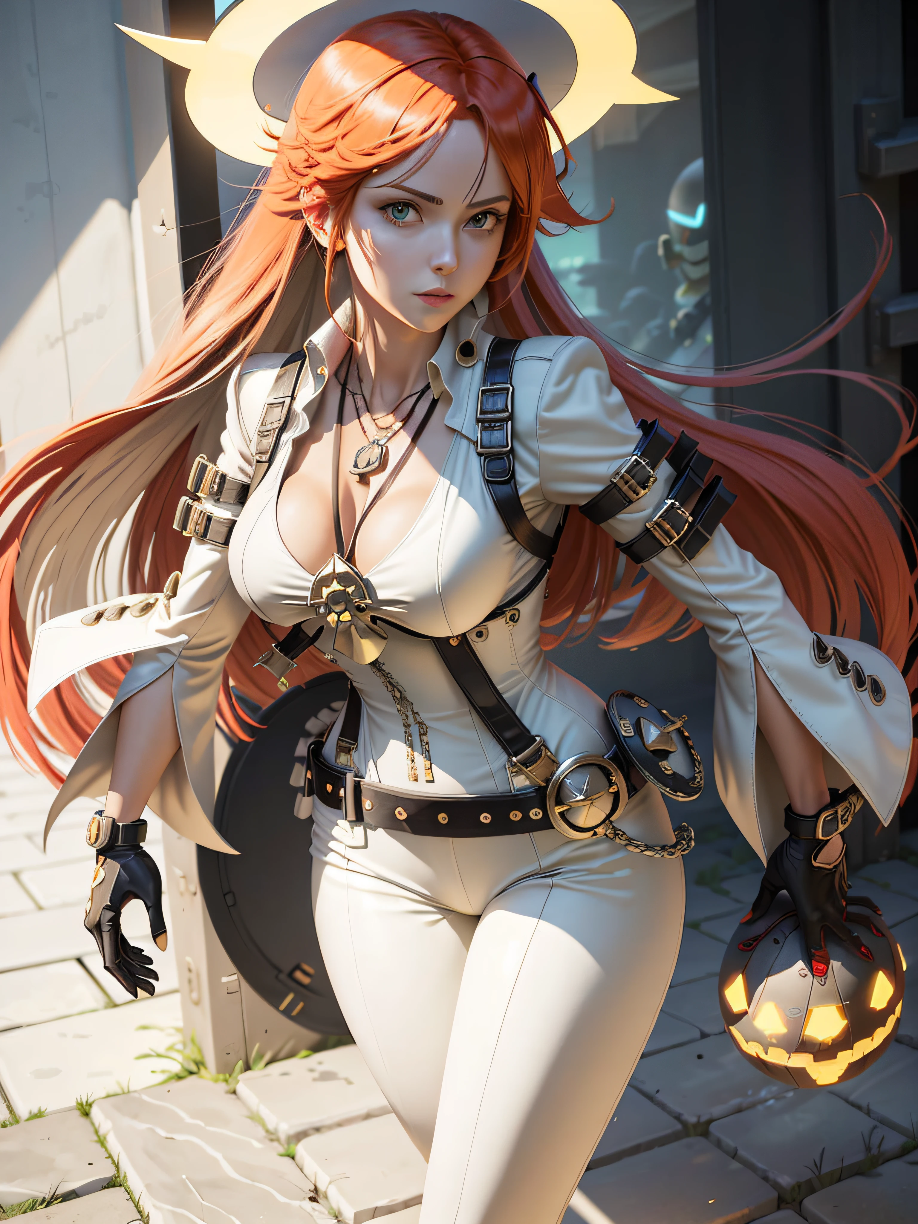 ((masterpiece)), (best quality), (detailed), (1 girl), jack-o' valentine,red hair,white bodysuit,gloves,halo,cross,belt,chain,ball & chain restraint,ankh,mask,shackles,cleavage,necklace,buckle,jewelry,chained,wide sleeves,beach,sunny,dynamic angle