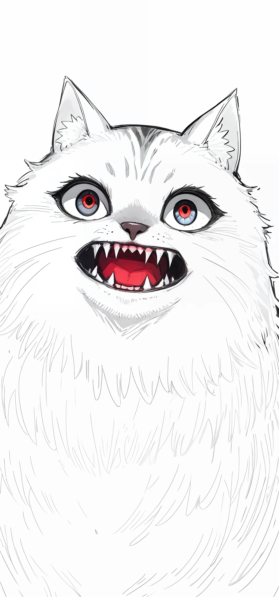 Masterpiece: A painting of a cat with eyes and a nose, pointed teeth and several eyes, demon cat, feline face, Scary eyes, eyes growing on creature, Doodle, ((Monster)), Scary face, Angry eyes, furry friendly monster, detailed jaw and eyes, Scared face, scary creature, Big creepy eyes, ugly monster, detailed body and eyes
