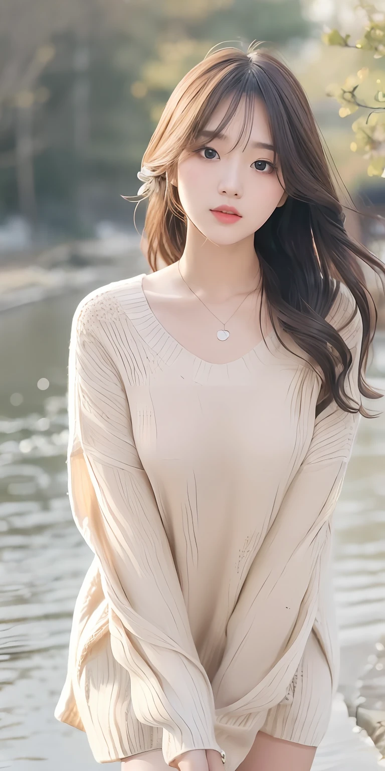 1girl walking on the river, mix4, sweater, pillow, lips, open_mouth, realistic, photo_\(medium\), solo, stuffed_animal, stuffed_toy, teddy_bear, (masterpiece), (realism: 1.3), super detailed, (High detail skin: 1.2), (Best quality: 1.0), (Ultra resolution: 1.0), (ULZZANG-6500: 0.3), wavy detail hair, long hair, sunshine, (beautiful detail makeup), (sexually aroused blush, heavy breath: 1.0), floral theme petals scattered, (soft light bloom: 0.5)