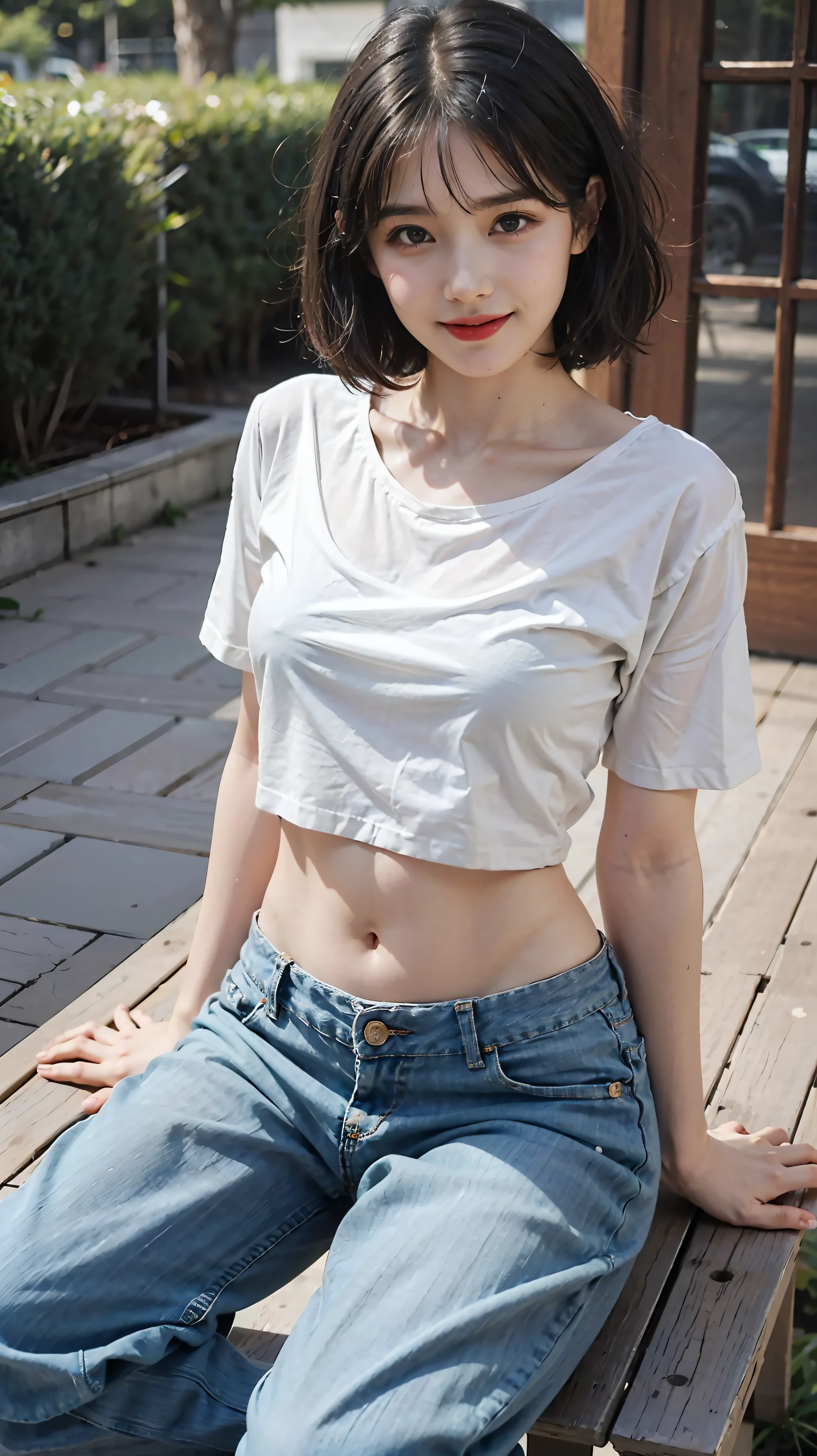 hentail realism、super high image quality、Wet white sheer T-shirt、bob-cut、thighs thighs thighs thighs(0.4)、Looking at the camera、whaite hair、wetting hair、A smile、shrinks、Skinny、full body Esbian、shorter pants、a beauty girl、navel